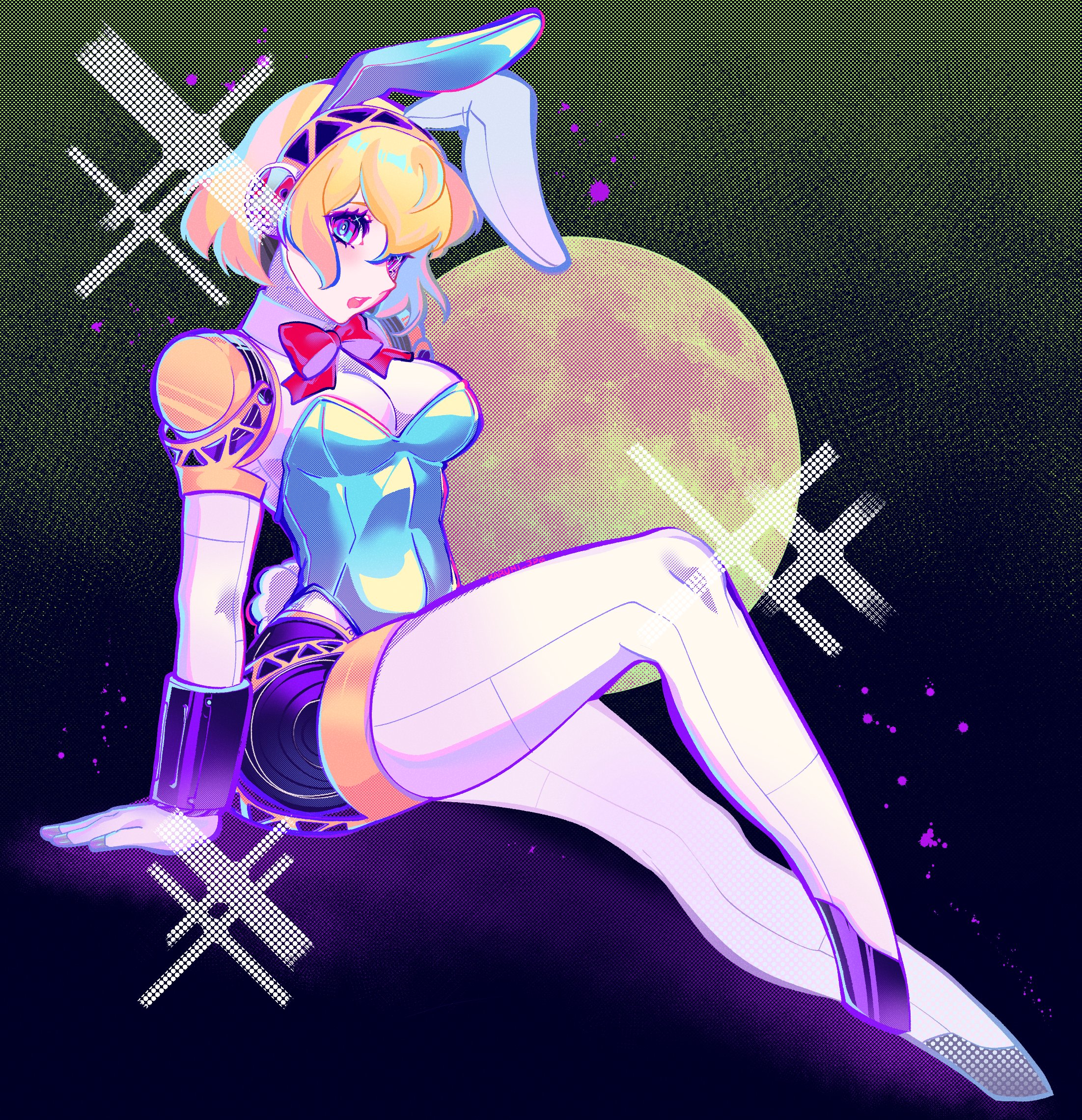 1girls, aigis (persona), bangs, blonde hair, blue bunnysuit, blue eyes, blush, breasts, bunny ears, bunny tail, bunnysuit, collar only, cute, female, female only, hair, hairband, karumi jpg, leg up, leotard, looking at viewer, looking to the side, moon, multicolored eyes, open mouth, persona, persona 3, pink eyes, pinup, posing, red ribbon, ribbon, robot, robot girl, robot humanoid, robot joints, short hair, sitting, solo, stubby feet, thighs, white skin