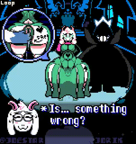 2boys, anal fingering, anal juice, anal masturbation, animated, anus, anus focus, breasts, clothed, crossdressing, deltarune, dress, erect nipples, erect penis, fat ass, fat bastard, femboy, fluids, furry, gay, glasses, goat, grabbing ass, green dress, hand on ass, horns, huge ass, huge ass (male), hyper ass, hyper thighs, joestarjorik, king spade, leaking anus, loop, male only, muscular abdomen, muscular abs, nipples, pixel animation, pixel art, puffy anus, ralsei, ralsei with white fur, scarf, spade tattoo, standing, stretched anus, submissive male, thick ass, thick legs, thick thighs, thighs, white fur, writing on body