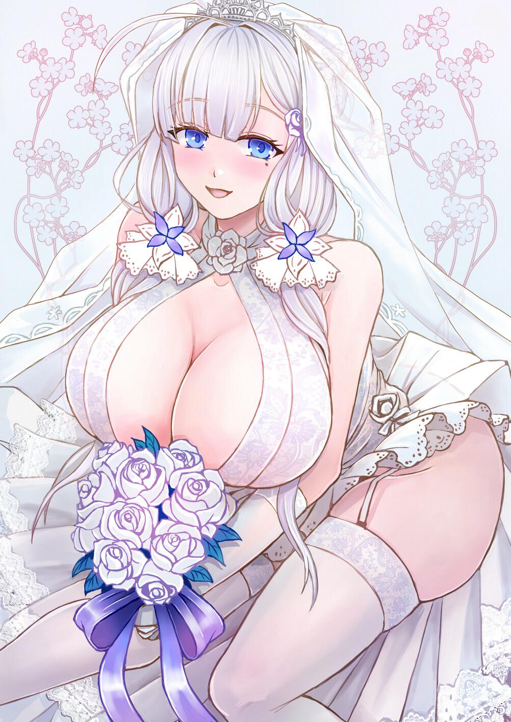 azur lane, bare shoulders, blue eyes, blush, bouquet, breasts, bridal veil, cleavage, cleavage cutout, clothing cutout, dress, elbow gloves, eyebrows visible through hair, female, flower, garter straps, gloves, halter dress, halterneck, holding, holding bouquet, huge breasts, illustrious (azur lane), lace trim, lace-trimmed dress, large breasts, long hair, looking at viewer, low twintails, mole, mole under eye, rose, sleeveless, sleeveless dress, smile, solo, thighhighs, tiara, tri tails, twintails, veil, wedding dress, white dress, white flower, white gloves, white hair, white rose