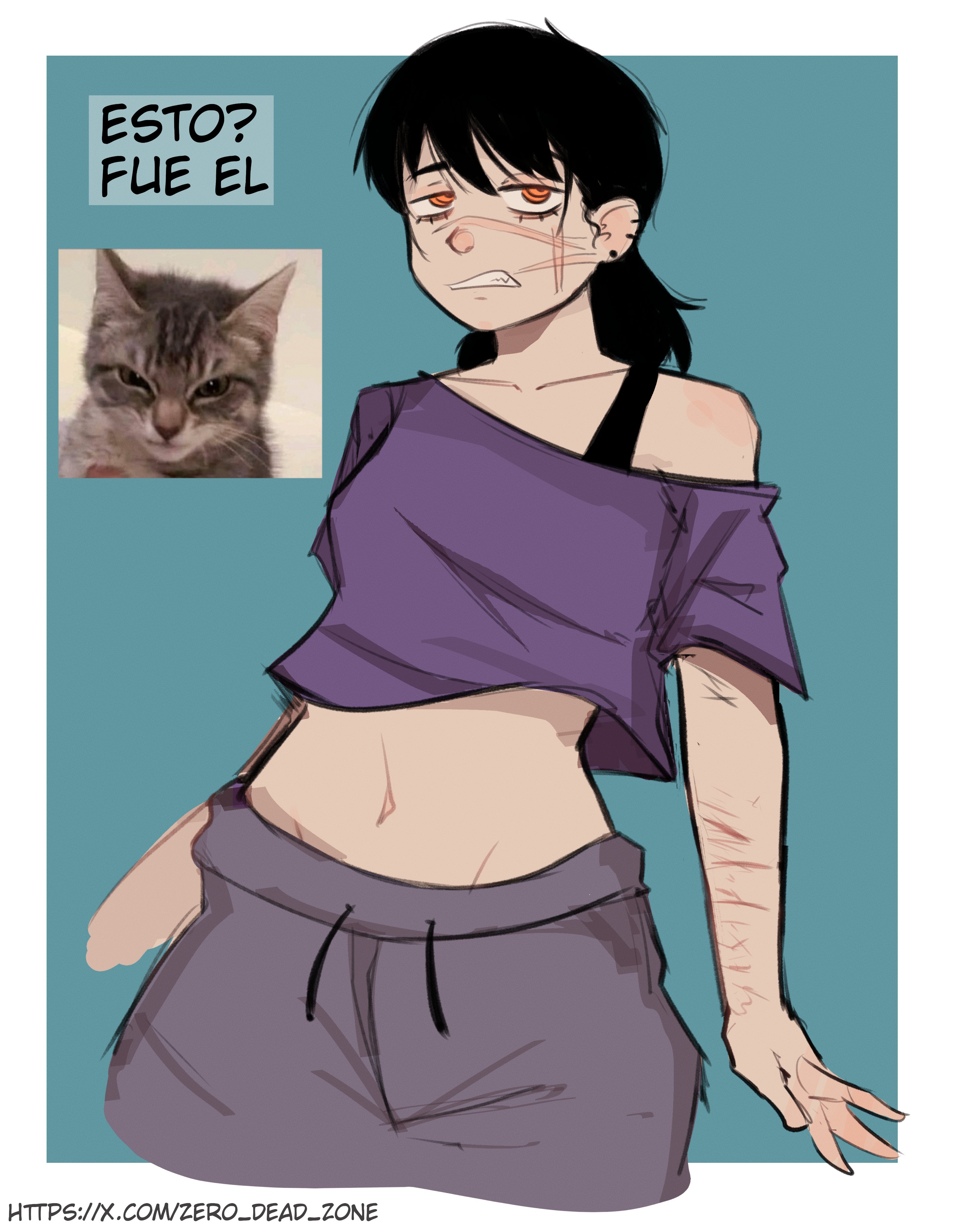 1girls, 2024, 2d, 2d (artwork), black hair, black hair female, black-haired female, bra strap, chainsaw man, ear piercings, looking at viewer, midriff baring shirt, mitaka asa, piercings, purple shirt, scar on face, scars, scars on arm, self harm scars, shirt, yoru (chainsaw man), zero dead zone