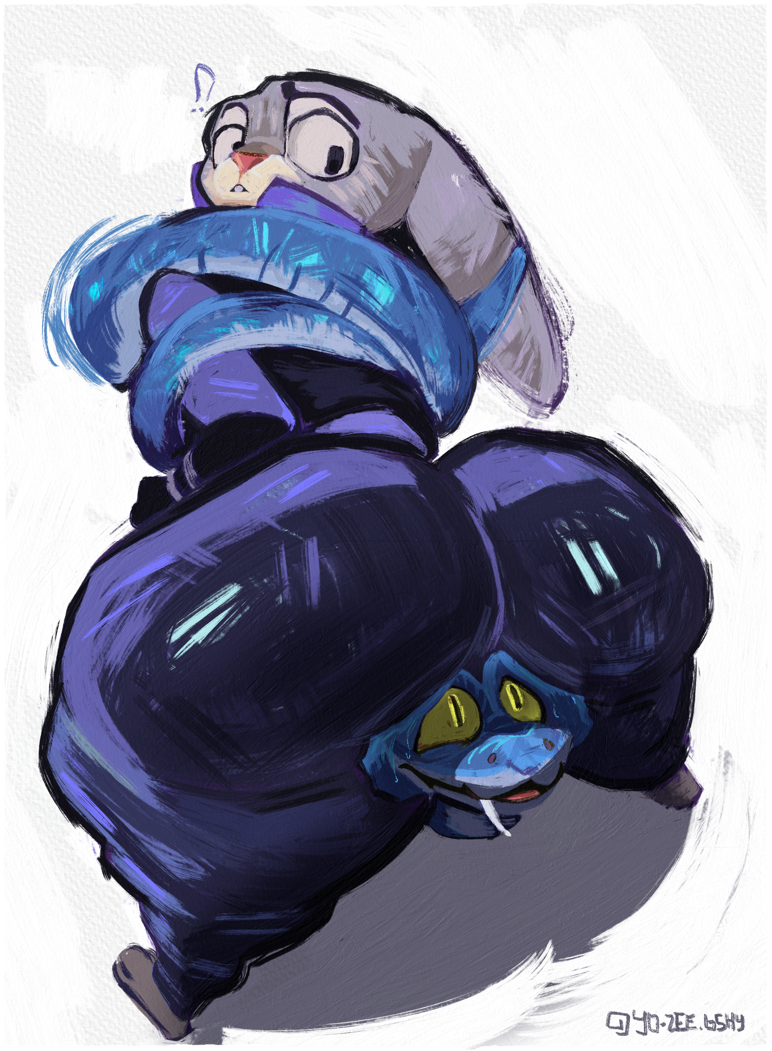 absurd res, anthro, ass, between butts, between legs, big butt, bodysuit, bound, bubble butt, butt focus, clothed, clothing, digital media (artwork), disney, duo, female, feral, fur, gary de'snake, hi res, huge butt, judy hopps, lagomorph, leporid, looking back, looking down, male, male/female, mammal, nervous, nervous smile, question mark, rabbit, reptile, scalie, simple background, snake, thick thighs, viper, wide hips, yo zee, zootopia