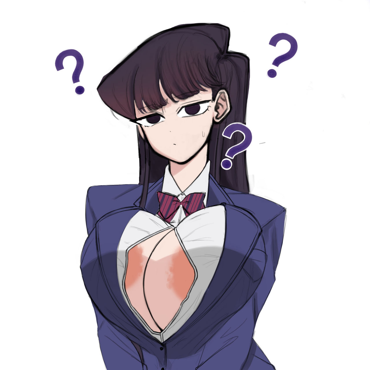 1girls, aerolae, big areola, big breasts, breasts, female, female focus, female only, komi can't communicate, komi shouko, komi-san wa komyushou desu, long hair, looking at viewer, massive breasts, purple eyes, purple hair, question mark, serious, serious face, serious look, unbuttoned, unbuttoned shirt, unbuttoning
