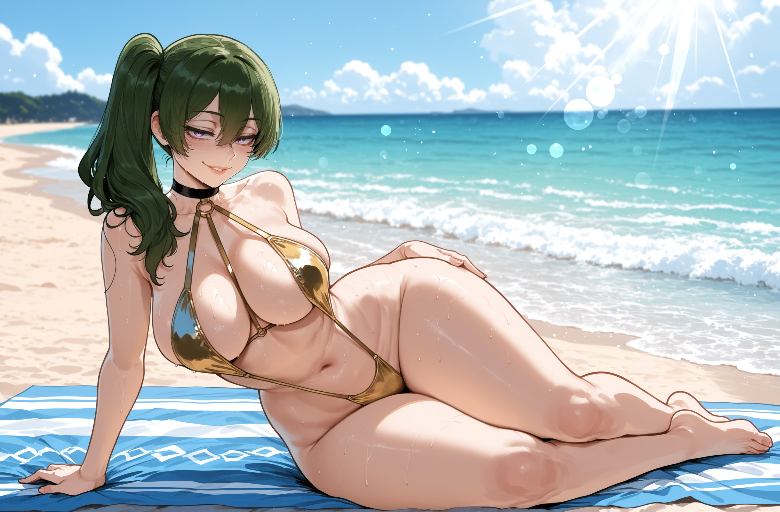 1girls, ai generated, beach, big ass, big butt, big thighs, curvy, female, female only, gold bikini, golden bikini, green hair, huge breasts, light-skinned female, miyuai, one-piece swimsuit, purple eyes, sexy pose, solo, sousou no frieren, thick ass, thick thighs, ubel (sousou no frieren)