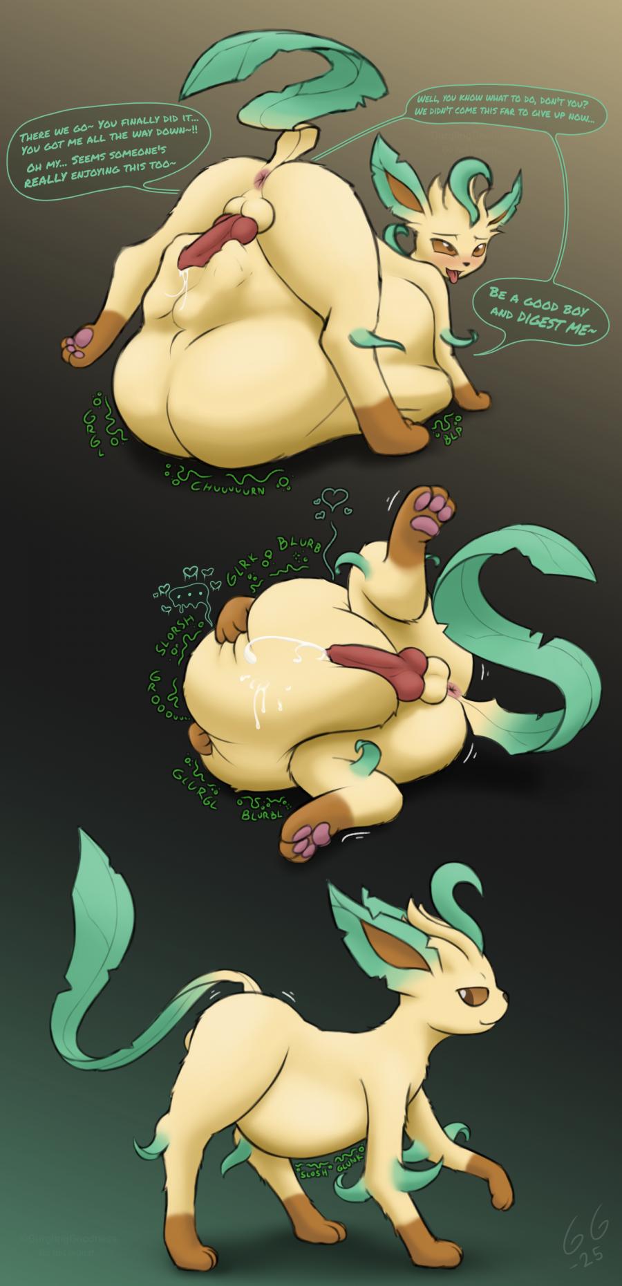 digestion, eeveelution, female prey, gurglinggoodness, leafeon, male pred, male/female, pokémon (species), pokemon, pokemon (species), pokemon trainer, pokephilia, vore, willing prey, willing vore