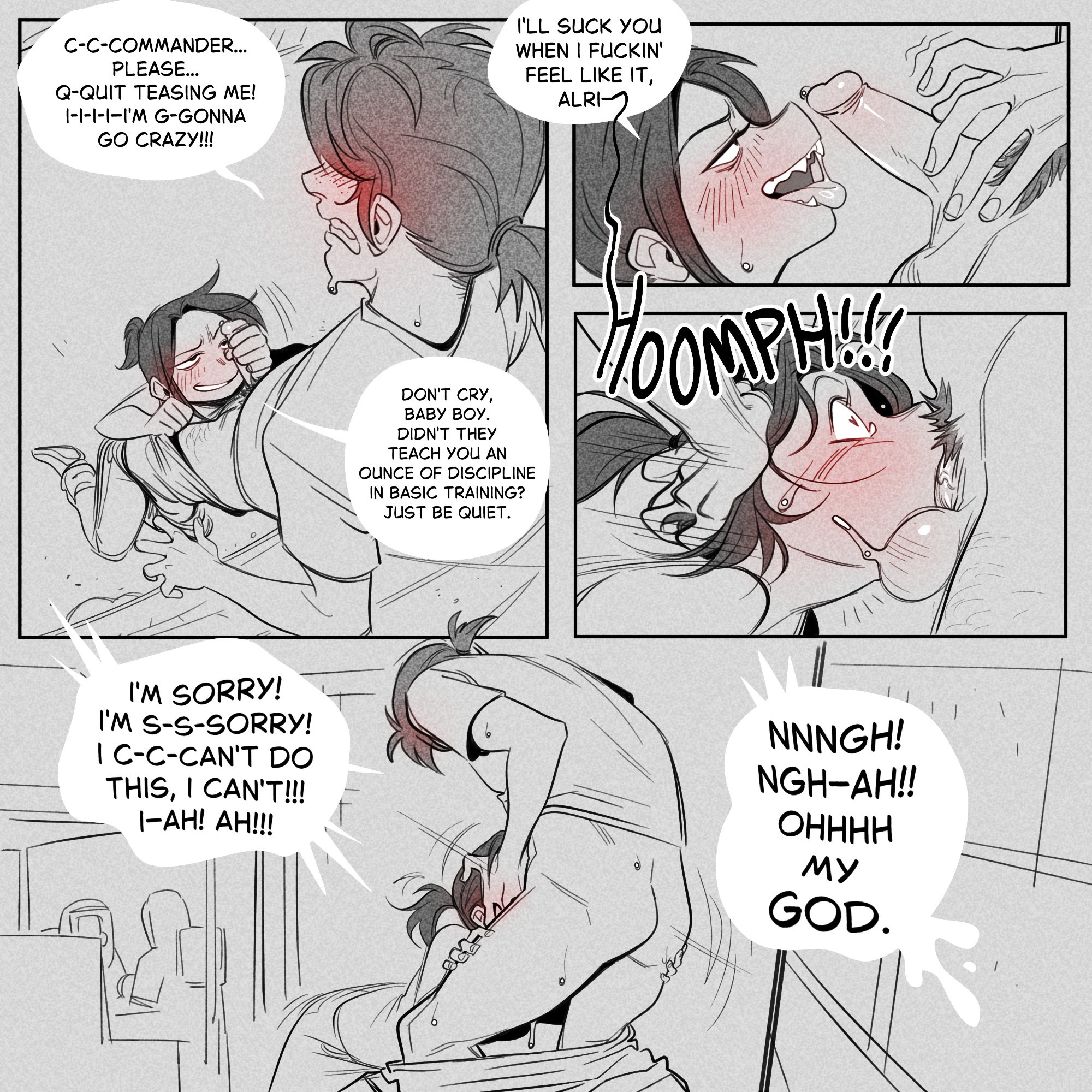 1boy1girl, all the way to the base, blowjob, blowjob face, blowjob only, blush, blush lines, blushing, brat, comic, deep blowjob, deep penetration, deep throat, deepthroat, english text, exhibitionism, exhibitionist, face fucking, facefuck, fellatio, georgie (quarantine zone), glacierclear, handjob, heart-shaped pupils, irrumatio, licking, licking penis, looking at penis, medium penis, mod (glacierclear), oral, oral penetration, oral sex, pants down, penis, penis in mouth, penis out, pubes, pubic hair, public, public exposure, public sex, quarantine zone, submissive, text, throat bulge, throat fuck, throat fucking, throatfuck