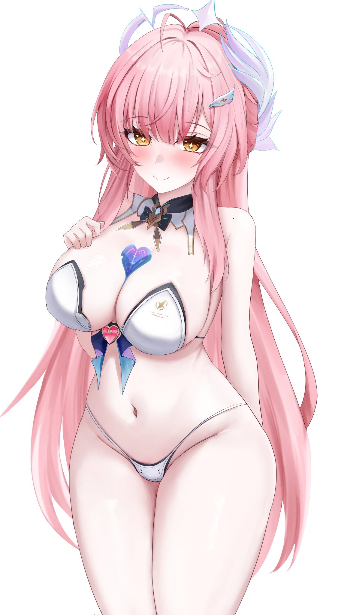 1girls, aemeath (wuthering waves), big breasts, breasts, brown eyes, exposed breasts, female, female only, izumiillus, lingerie, long hair, pink hair, white lingerie, wuthering waves