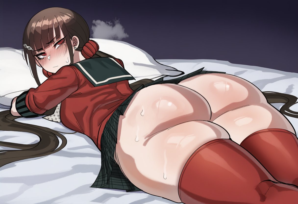 1girls, ai art, ai generated, artist request, bed, bed sheets, big ass, big butt, brown hair, curvaceous, curvaceous female, curvaceous figure, curves, curvy, curvy body, curvy female, curvy figure, curvy hips, danganronpa, danganronpa v3, dumptruck ass, dumptruck butt, embarrassed, embarrassed clothed female, embarrassed expression, embarrassed female, harukawa maki, laying down, laying on bed, laying on stomach, long hair, looking back, ponytail, ponytail female, ponytails, red eyes, skirt, sole female, tagme, thick, thick ass, thick hips, thick legs, thick thighs, thighhighs, thighs, twin braids, twintails, twintails (hairstyle), venus body, voluptuous, voluptuous body, voluptuous female