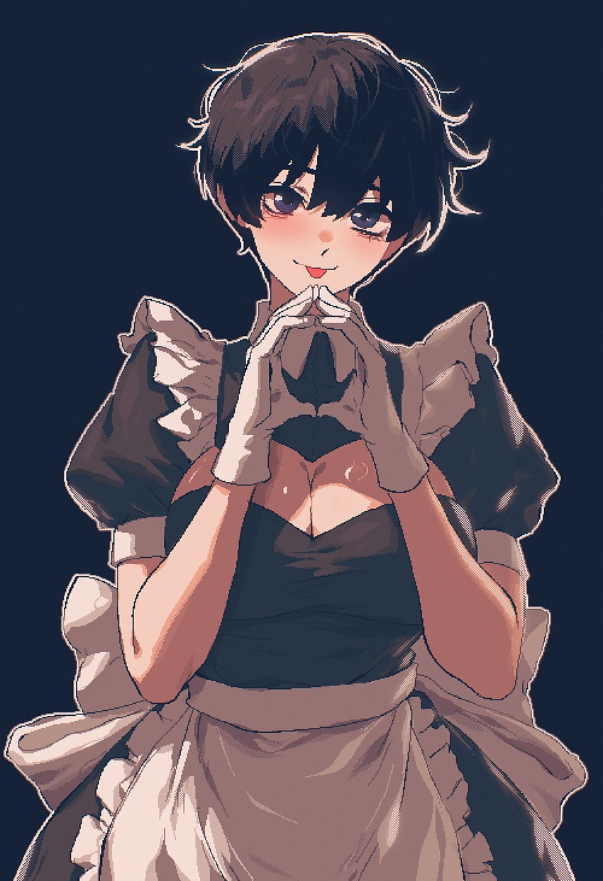 1girls, absurd res, apron, black background, black hair, blue eyes, blush, breasts, cleavage, dress, fingers together, frilled apron, frills, gloves, highres, lee mi-young (spoiledmuffin), maid, maid apron, maid uniform, original, short hair, simple background, solo, spoiledmuffin, tomboy, tongue, tongue out, very short hair, waist apron, white apron, white gloves, wholesome