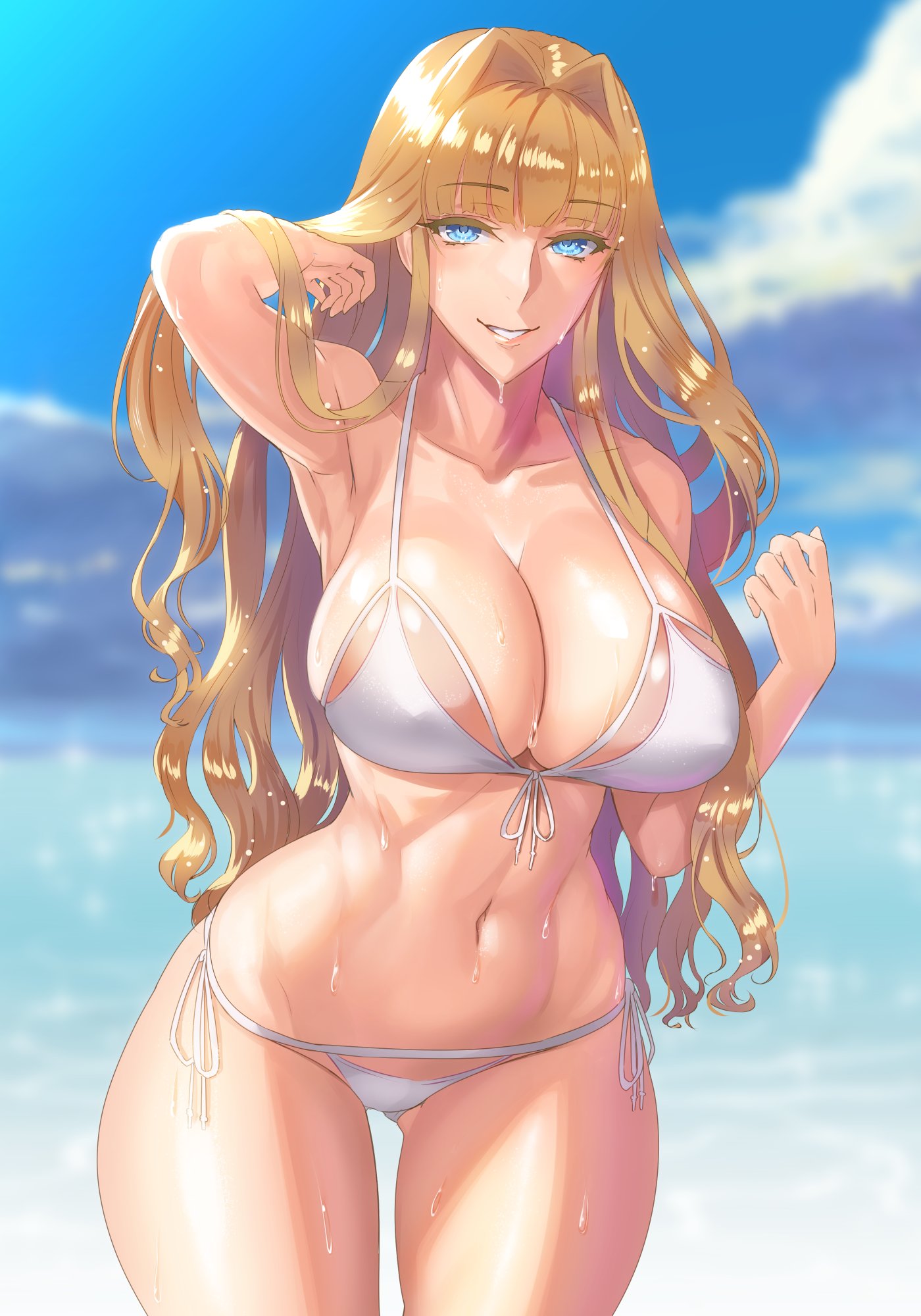 adjusting hair, armpits, bangs, bare shoulders, beach, bikini, blonde hair, blue eyes, blunt bangs, blurry, breasts, clavicle, cleavage, cloud, cowboy shot, damegane, day, depth of field, eyebrows visible through hair, eyelashes, female, focused, grin, hair intakes, hair over shoulder, high resolution, huge breasts, long hair, looking at viewer, midriff, navel, ocean, one arm up, open mouth, original, shiny, shiny hair, sky, smile, solo, standing, stomach, swimsuit, teeth, thighs, tsurime, victoria (damegane), water drop, wavy hair, wet, wet hair, white bikini, white swimsuit