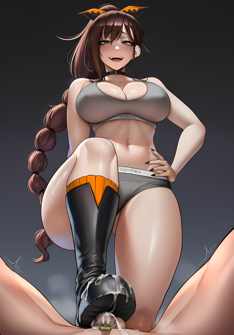 1boy, 1girls, ai generated, boot fetish, bootjob, boots, bra, braid, breasts, calvin klein, chastity, chastity cage, chastity device, choker, cum, cum on boots, cum on shoes, dominant female, female, female domination, femdom, hair, hair ribbon, hand on hip, humiliation, large breasts, legs apart, looking down, male, malesub, panties, pov, re:zero kara hajimeru isekai seikatsu, shaula (re:zero), small penis, tagme, thick thighs, thighs, voluptuous, voluptuous female
