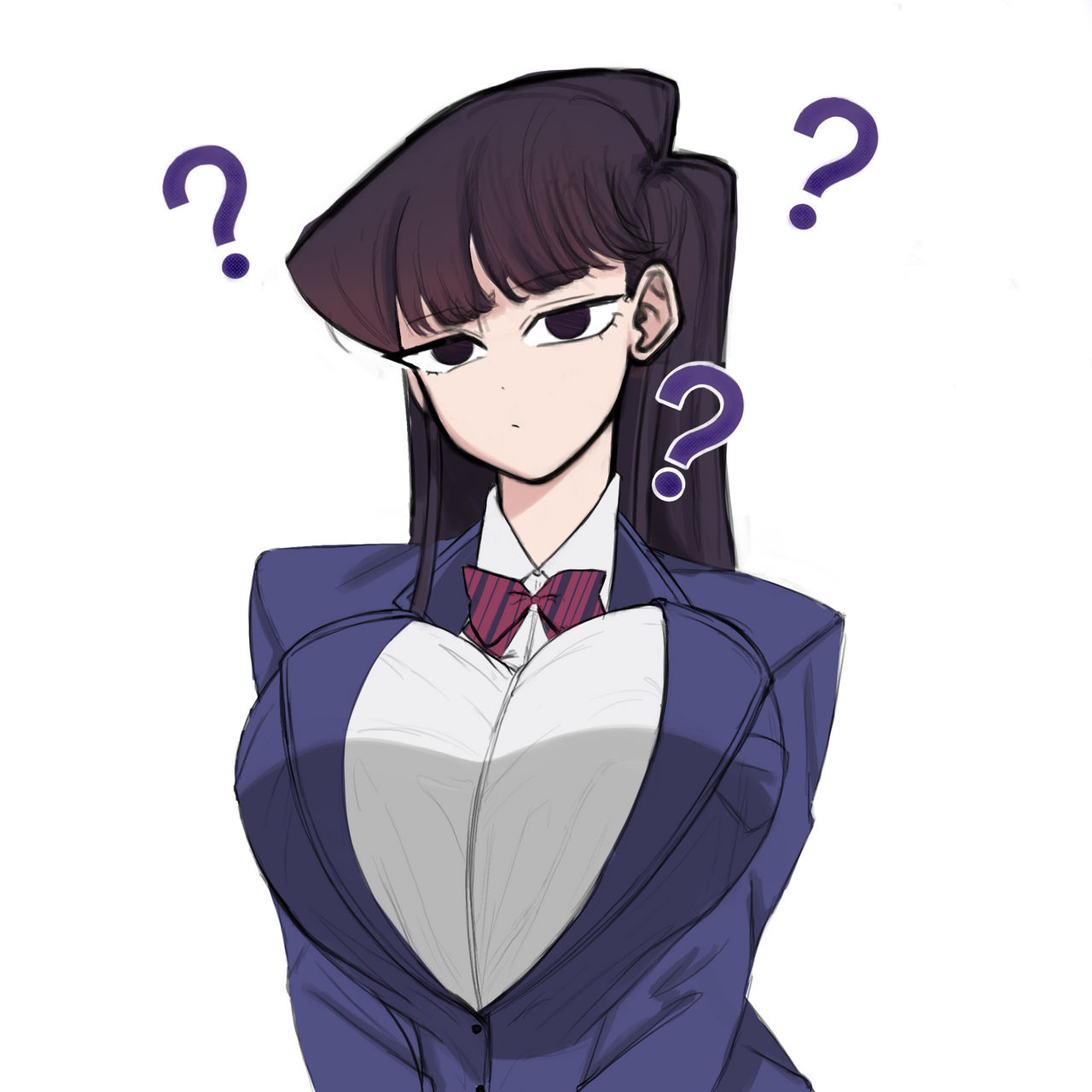 1girls, big areola, big breasts, breasts, female, female focus, female only, komi can't communicate, komi shouko, komi-san wa komyushou desu, long hair, looking at viewer, massive breasts, purple eyes, purple hair, question mark, serious, serious face, serious look