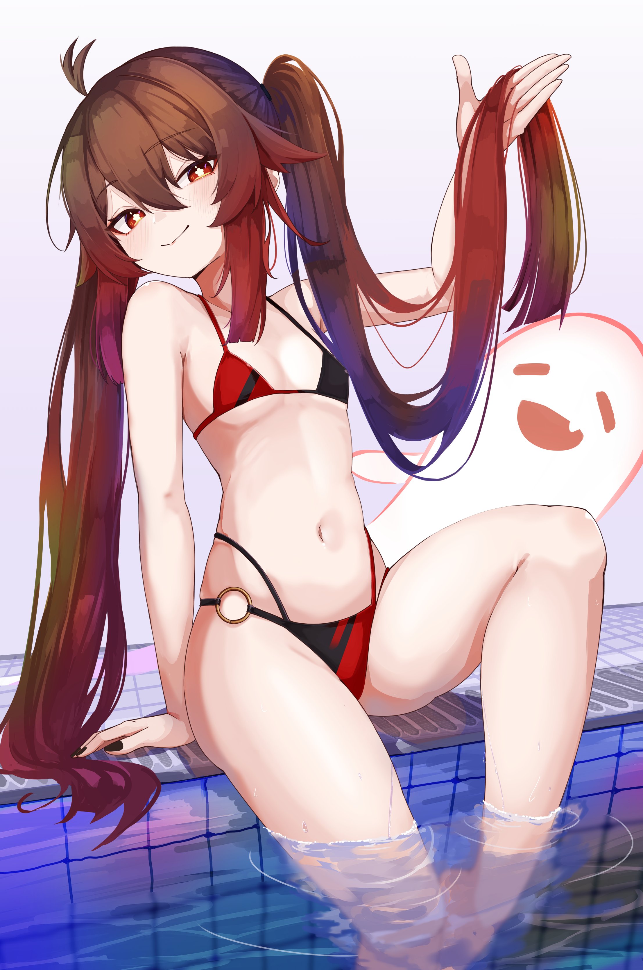 1girls, 2d, 2d (artwork), alternate costume, artist request, bikini, bikini bottom, bikini top, black bikini, black nails, boo tao (genshin impact), brown hair, female, female focus, female only, flower-shaped pupils, front view, genshin impact, ghost, high resolution, highres, hoyoverse, hu tao (genshin impact), light skin, light-skinned female, long hair, long pigtails, looking at viewer, mihoyo, petite, petite body, petite female, pigtails, pool, poolside, red and black bikini, red bikini, simple background, slim girl, small breasts, smiling, smiling at viewer, swimsuit, thong, thong bikini, two piece swimsuit, water, white background, young, younger female
