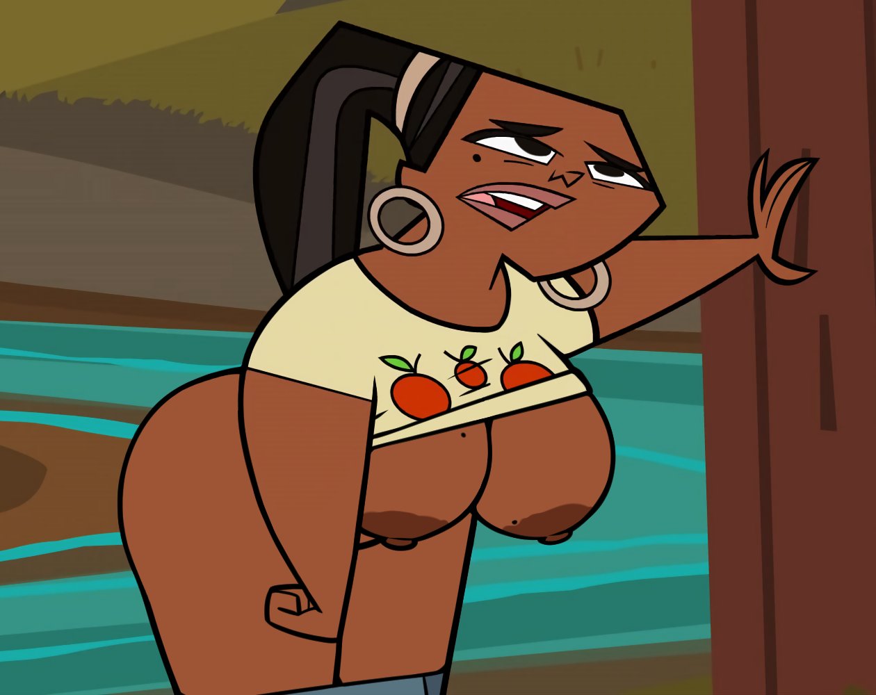2d, 2d artwork, accurate art style, african, african female, areolae, ass, beauty mark, big ass, big breasts, black hair, bottomless, breasts out, bubble butt, busty, cartoon network, dark skin, dark-skinned female, deviantart, earrings, ebony, ebony female, edit, exhausted, female, female focus, female only, hanging breasts, hourglass figure, large boobies, large breasts, large tiddies, leshawna (tdi), long hair, makeup, nipples, no sex, ponytail, screenshot edit, shirt lift, total drama (series), total drama island, twitter, uncensored, uncensored nipples, wide hips, yenvudu