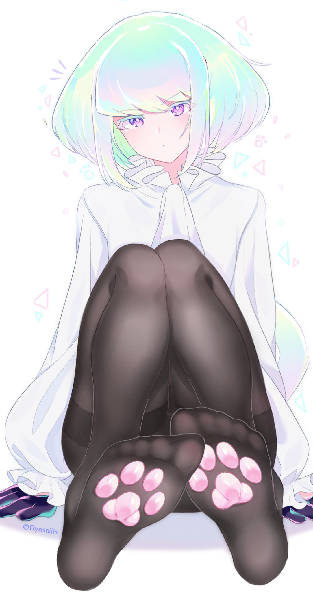 1boy, androgynous, black legwear, bob cut, clothing, femboy, femboy only, fully clothed, lio fotia, looking at viewer, male, oyasaiiis, pantyhose, petite, petite body, petite male, promare, short hair, slim, slim male, slim waist, solo, suggestive pose, tight clothing, twink