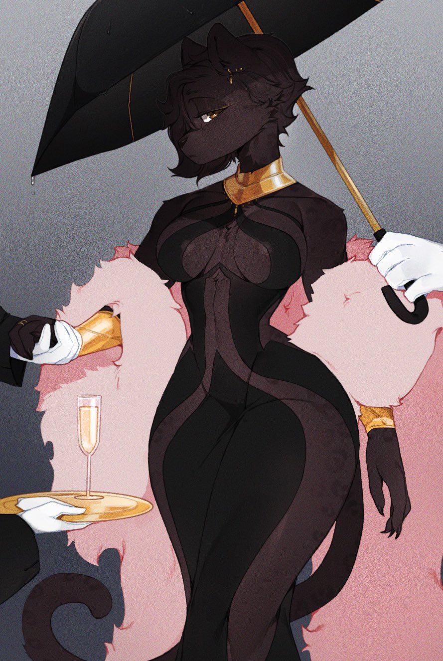 1girls, animal ears, anthro, black dress, bracelet, breasts, brown fur, champagne, dress, female, female focus, female only, fur, fur coat, furry, furry female, furry only, gold jewelry, jaguar, jaguar print, neck jewelry, parasol, punipaws, solo, solo female, solo focus, thick thighs, thighs, yellow eyes