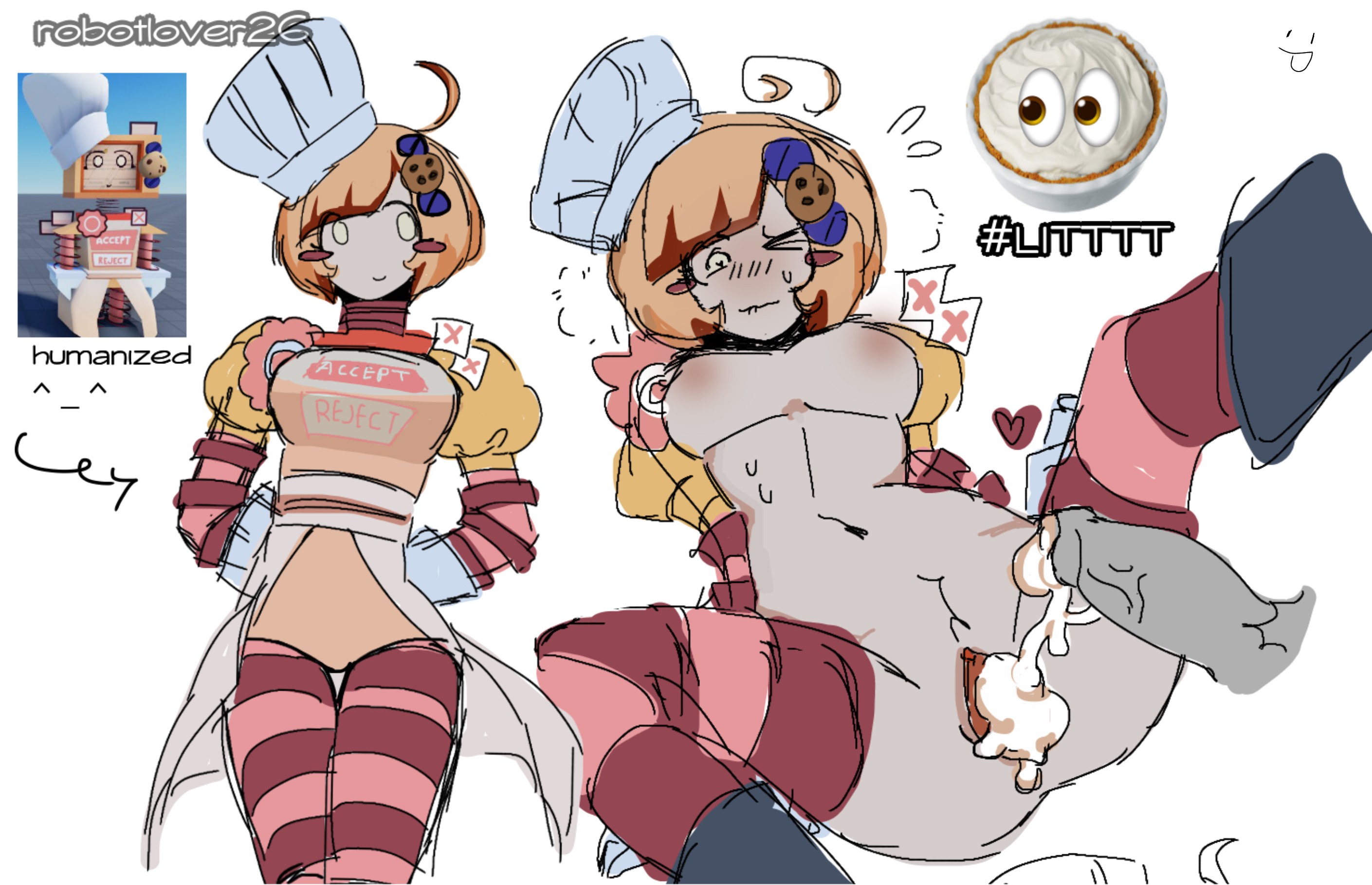 artist name, badware (die of death), cookieware (die of death), cum in pussy, die of death (roblox), doodle, half-dressed, hands behind back, humanization, humanized, legs spread, messy linework, overflowing cum, reference image, robotlover26, self upload, thigh highs