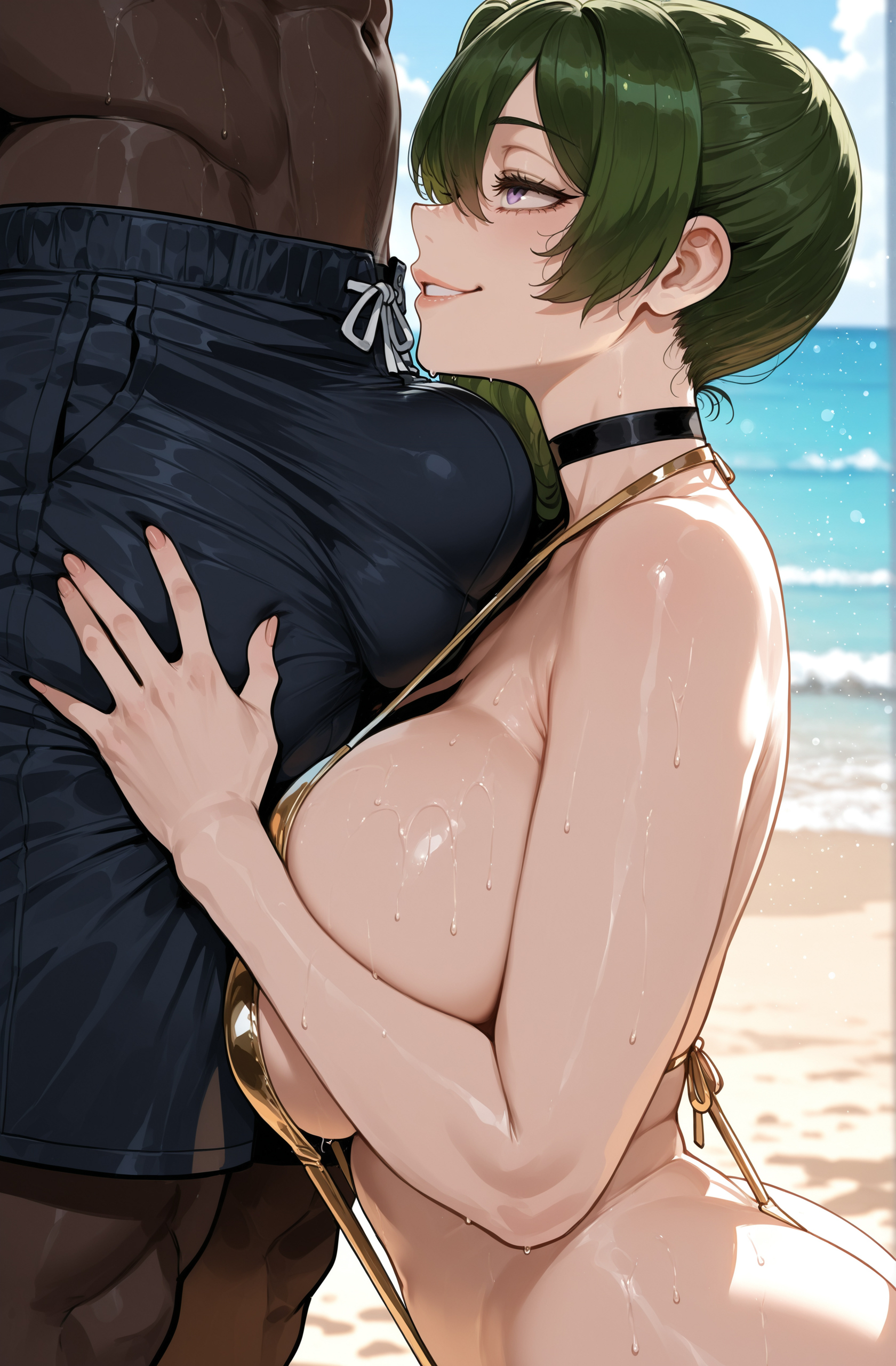 ai generated, beach, big ass, big butt, big thighs, bulge, curvy, dark-skinned male, gold bikini, golden bikini, green hair, hard penis, huge breasts, miyuai, one-piece swimsuit, penis, purple eyes, sousou no frieren, thick ass, thick thighs, ubel (sousou no frieren)