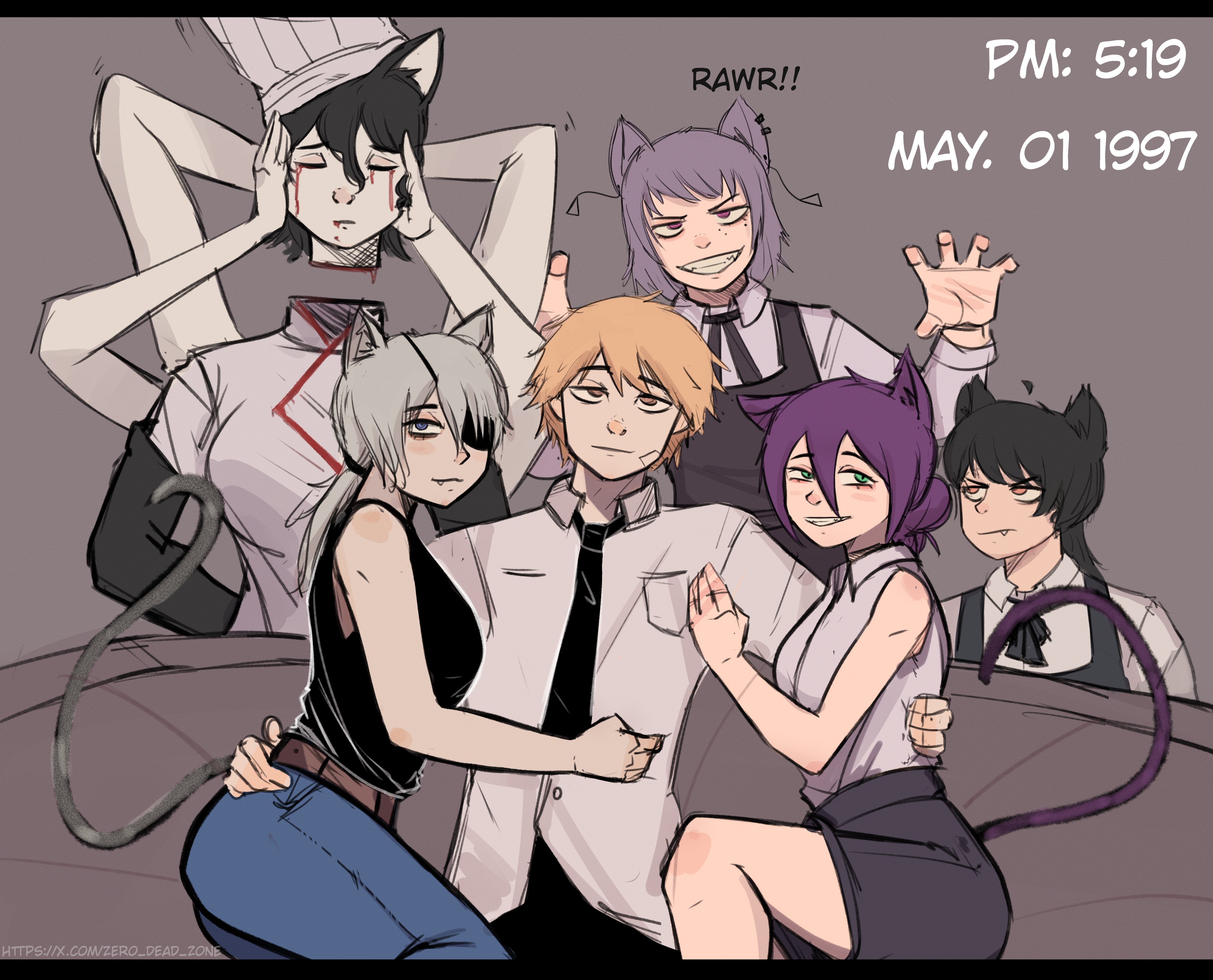 1boy, 2024, 2d, 2d (artwork), 5girls, blank background, cat ears, cat tail, chainsaw man, closed eyes, couch, death devil (chainsaw man), denji (chainsaw man), ear piercings, eye patch, eyepatch, falling devil, falling devil (chainsaw man), freckles, freckles on face, gray background, grey background, harem, looking at viewer, mitaka asa, no sex, piercings, ponytail, quanxi (chainsaw man), rawr, reze (chainsaw man), smiling, smiling female, tagme, tail, text, zero dead zone