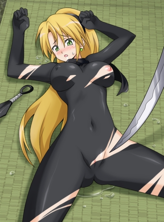 bodysuit imminent_rape knife kunai kunoichi_(live_a_live) live_a_live lying ninja nipples see-through skin_tight torn_clothes