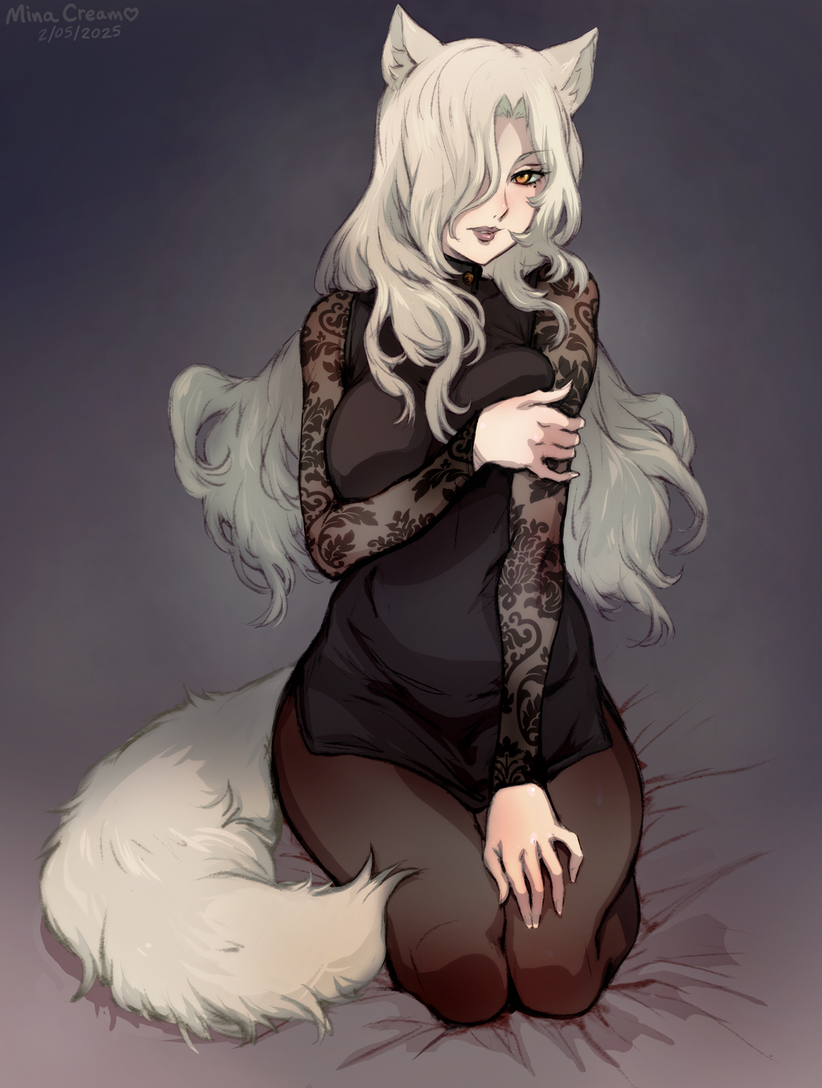 1girls, animal ears, beauty mark, black dress, black stockings, blush, fabienne vulpes, fox ears, fox tail, hair over one eye, holding arm, metaphor: refantazio, milf, minacream, pressing breasts, solo, tagme, tail, white fur, white hair, yellow eyes