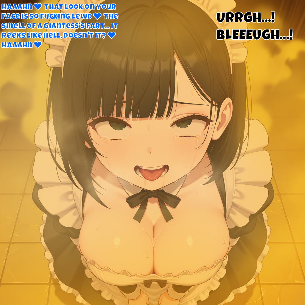 ahe_gao ahegao_face ai ai_assisted ai_generated black_eyes black_hair bob_cut cleavage defeated defeated_female defeated_heroine english english_dialogue english_text facefart facefarting fart fart_bukkake fart_cloud fart_fetish fart_on_face fart_torture fartcocony farting farting_in_face farting_on_face femdom humiliated humiliation large_breasts maid maid_apron maid_headdress maid_outfit maid_uniform open_mouth rolling_eyes sweat text tongue_out