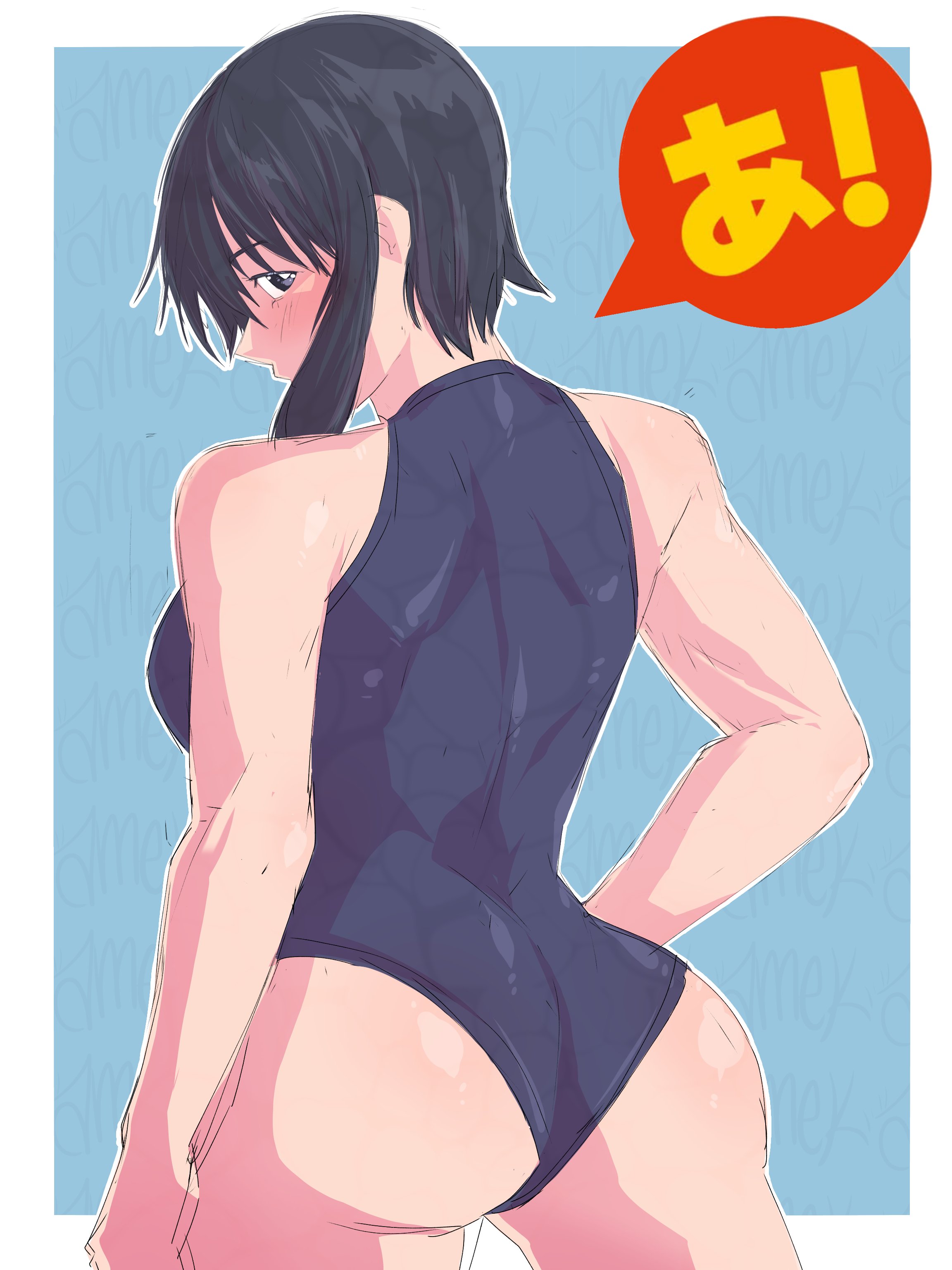 1girls, absurd res, absurd resolution, absurdres, ameh li, ass, ass focus, azumanga daiou, back, back view, bare shoulders, big ass, big butt, black hair, blue eyes, blush, blush lines, breasts, bubble ass, bubble butt, curvaceous, curvy, curvy female, curvy figure, fat ass, female, female focus, female only, glistening, glistening body, glistening butt, glistening skin, hi res, high resolution, highres, huge ass, huge butt, large ass, light skin, light-skinned female, looking back, muscular, muscular female, nyamo minamo kurosawa, one piece swimsuit, rear view, shiny, shiny ass, shiny butt, shiny skin, sideboob, sidelocks, simple background, solo, solo female, solo focus, swimsuit, swimwear, tagme, thick thighs, thighs, toned, toned arms, toned back, toned body, toned female, voluptuous, voluptuous female