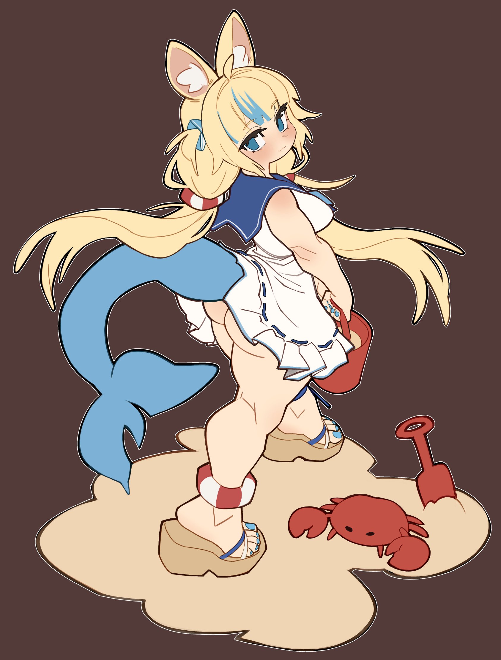 ass, blonde hair, blue nails, breasts, bucket, cat ears, crab, exnezo, platform footwear, sameko saba, sand, shark tail, shortstack, simple background, thighs, virtual youtuber, wedge heels
