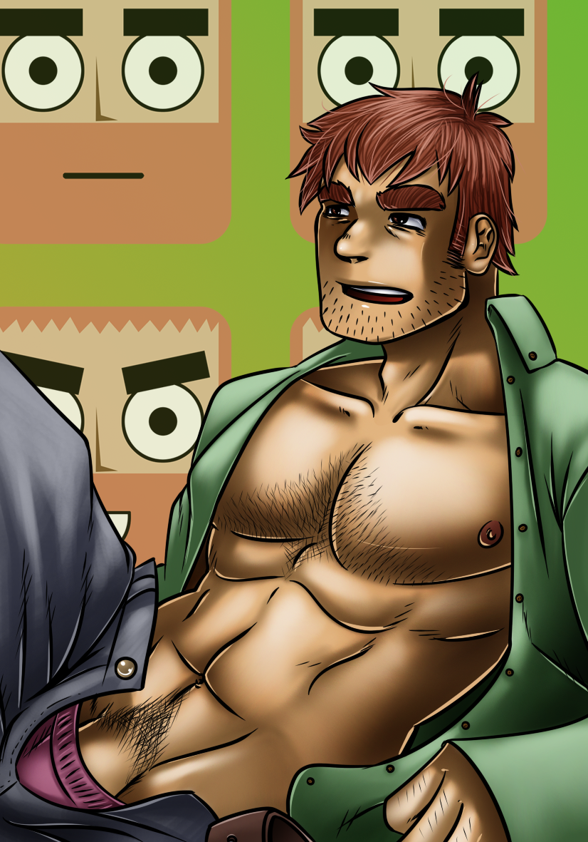 1boy beard_stubble body_hair facial_hair joseph_(scott_pilgrim) male male_nipples male_only male_pubic_hair muscular_male open_pants open_shirt penis_peek red_hair scott_pilgrim solo stephen_stills tagme