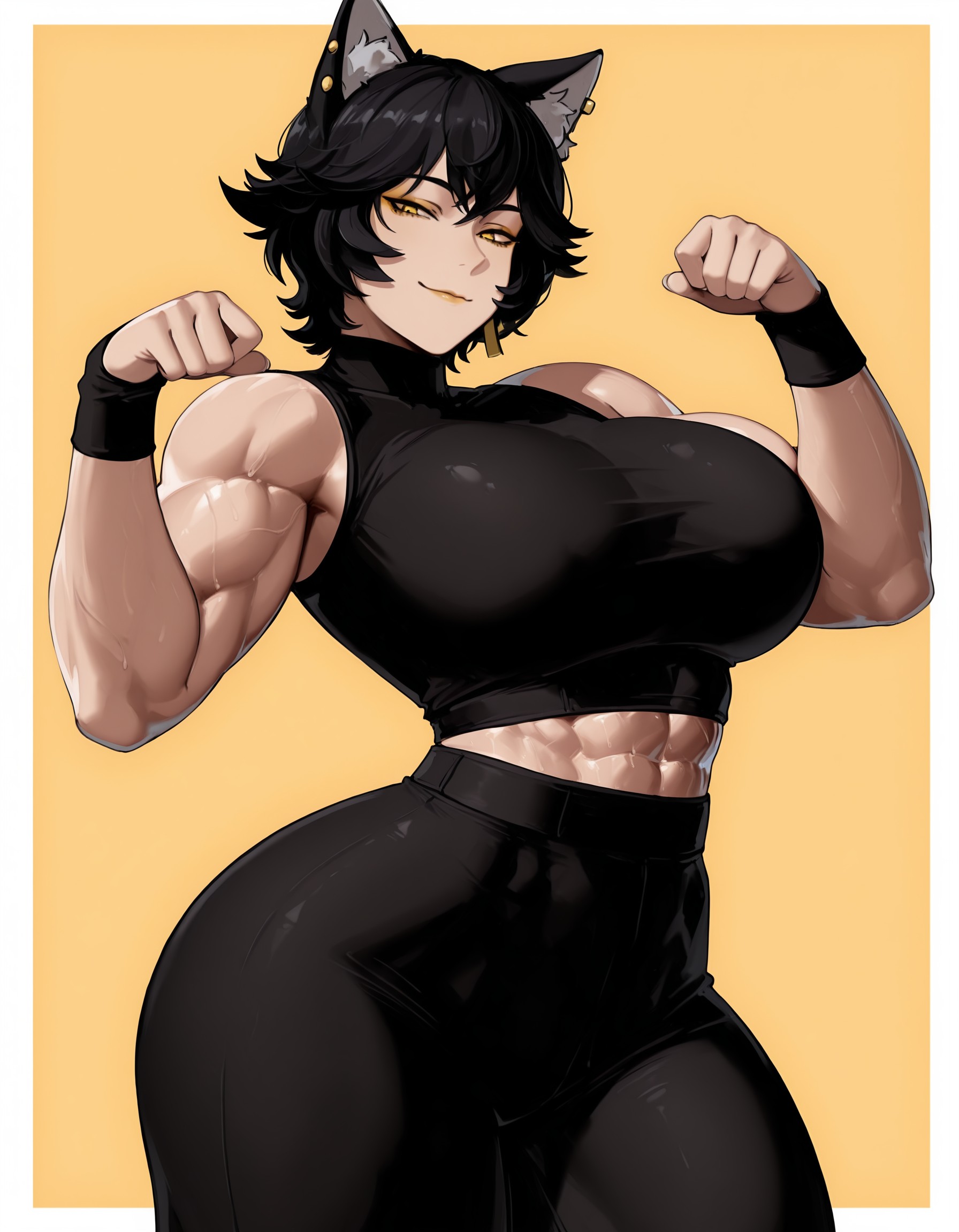 1girls, abs, ai generated, black hair, cat ears, cat pose, huge breasts, kali belladonna, large breasts, lipstick, muscular female, procyon ai, rwby, solo female, tight clothing, wide hips