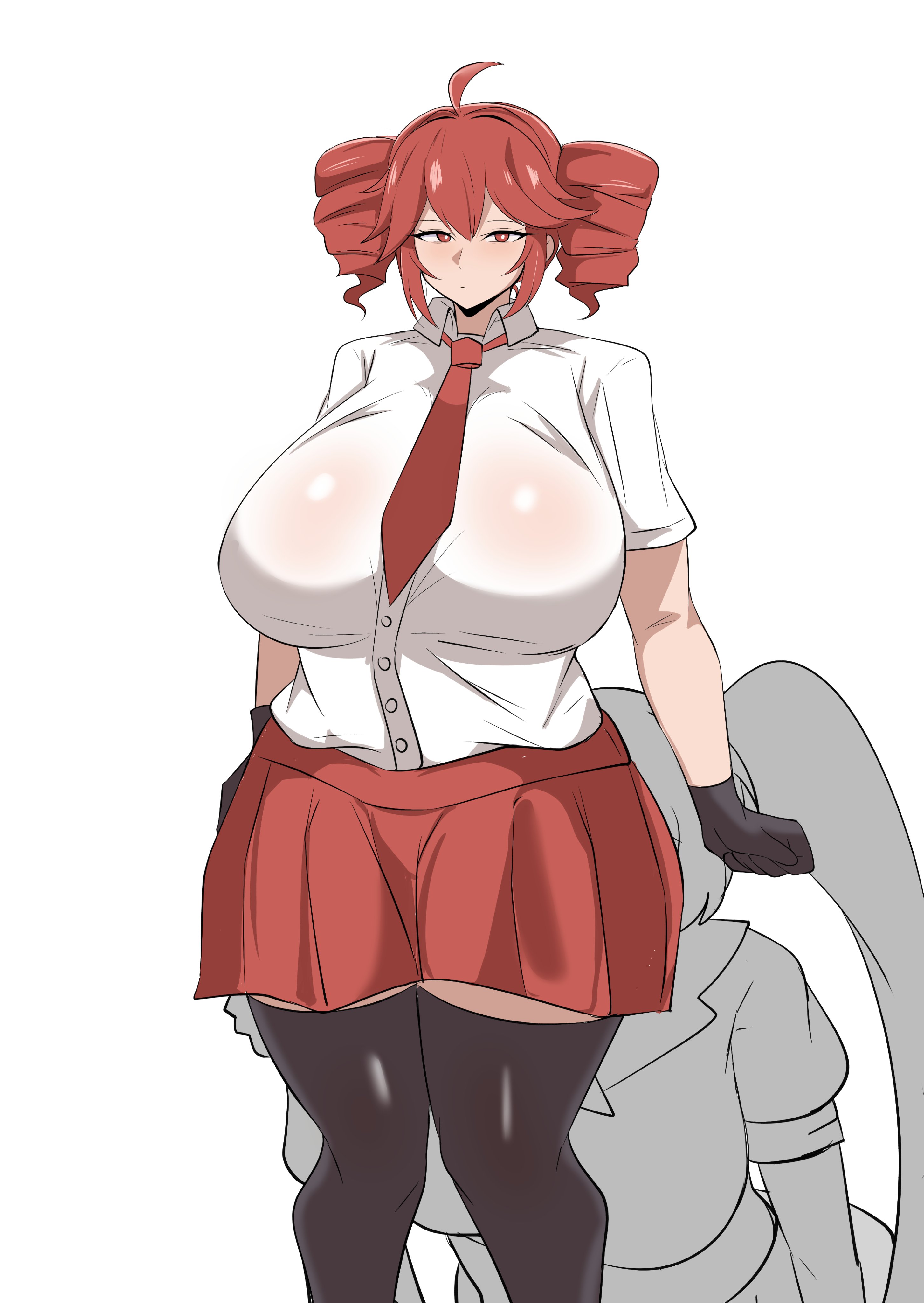 1girl, 2girls, absurd res, ahoge, alternate breast size, black gloves, black thighhighs, blush, breasts, collared shirt, drill hair, eating ass, embarrassed, female, female only, fringe, gloves, grabbing ass, hatsune miku, head on ass, hi res, huge breasts, kasane teto, large breasts, legwear, looking at viewer, necktie, palaeblue, pleated skirt, plump, red eyes, red hair, red necktie, red skirt, school uniform, shirt, short hair, short sleeves, simple background, sitting, skirt, solo, standing, sweatdrop, thick thighs, thighhighs, thighs, tie, twin drills, twintails, uniform, vocaloid, white background, white shirt