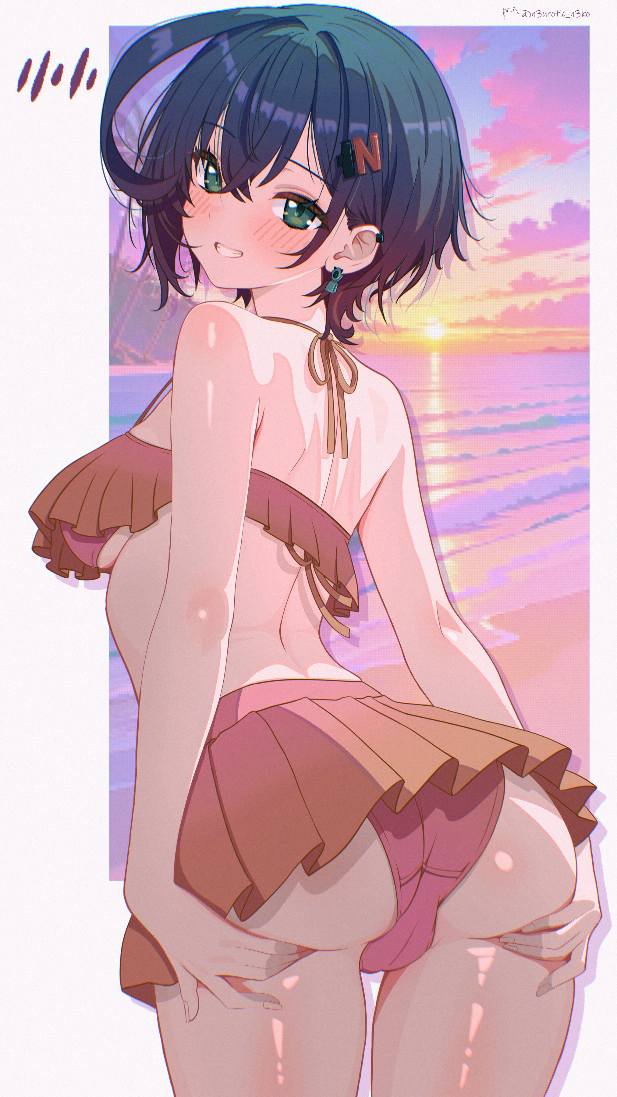 1girl, 1girls, ahoge, ass, ass grab, back, bangs, bare shoulders, belle (zenless zone zero), bikini, bikini skirt, blue hair, blush, breasts, cameltoe, cowboy shot, ear piercing, earrings, female, frilled bikini, frills, from behind, grabbing own ass, green eyes, grin, hair between eyes, hair ornament, jewelry, looking at viewer, looking back, medium breasts, neurotic neko, outdoors, short hair, smile, solo, sunset, swimsuit, thighs, zenless zone zero