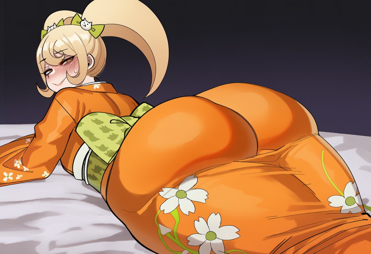 1girls, ai art, ai generated, artist request, bed, bed sheets, big ass, big butt, blonde hair, curvaceous, curvaceous female, curvaceous figure, curves, curvy, curvy body, curvy female, curvy figure, curvy hips, danganronpa, danganronpa 2: goodbye despair, danganronpa 2x2, dumptruck ass, dumptruck butt, embarrassed, embarrassed clothed female, embarrassed expression, embarrassed female, hair ornament, kimono, laying down, laying on bed, laying on stomach, looking back, orange eyes, ponytail, ponytail female, ponytails, ribbon, saionji hiyoko, shortstack, sole female, tagme, thick, thick ass, thick hips, thick legs, thick thighs, thighhighs, thighs, twin braids, twin drills, twintails, venus body, voluptuous, voluptuous body, voluptuous female