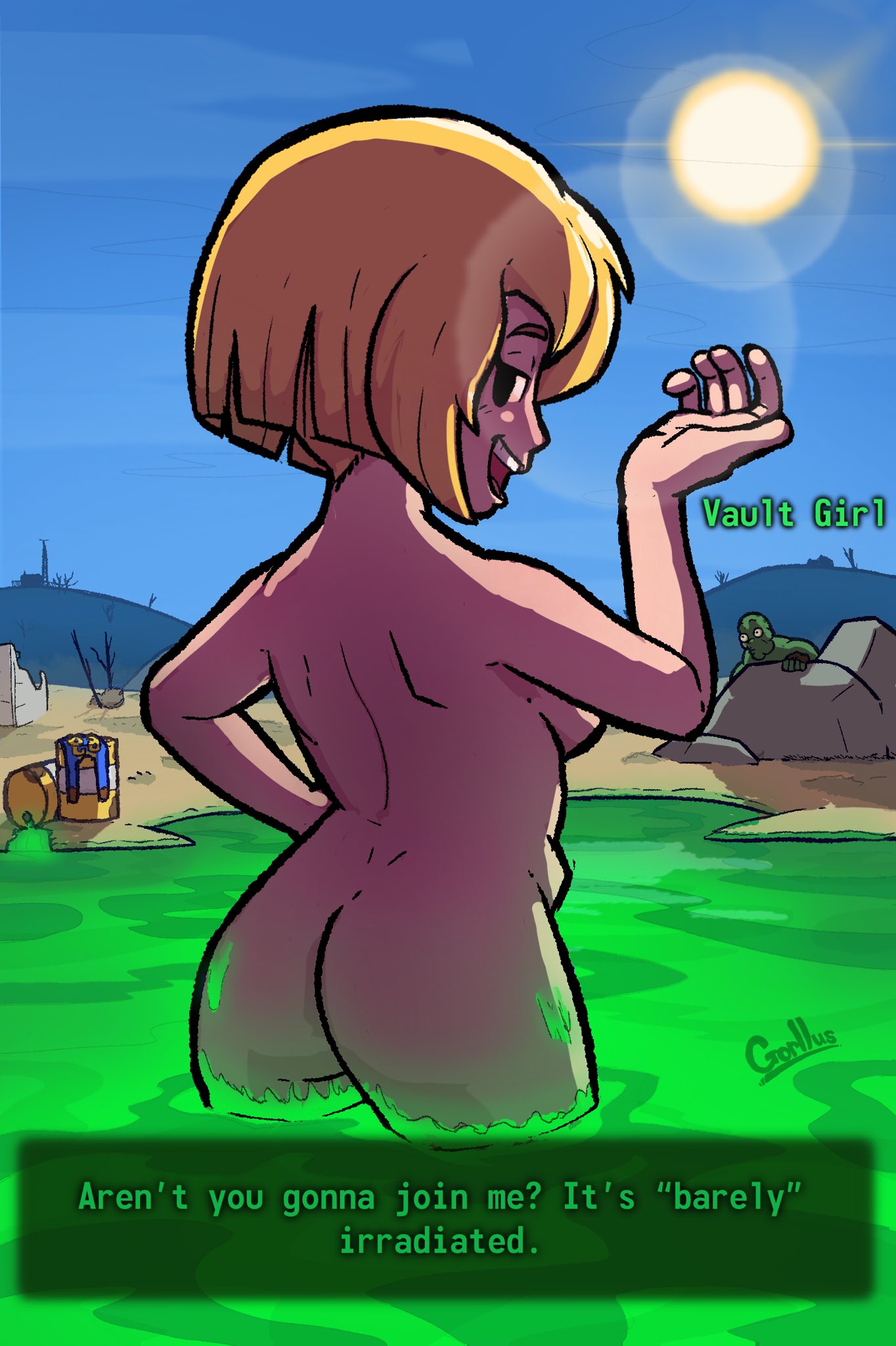 1girls, 2025, ass, bathing, black eyes, blonde hair, breasts, character name, fallout, female, female only, gorllus, looking at viewer, looking back, nude, outdoors, short hair, tagme, vault girl