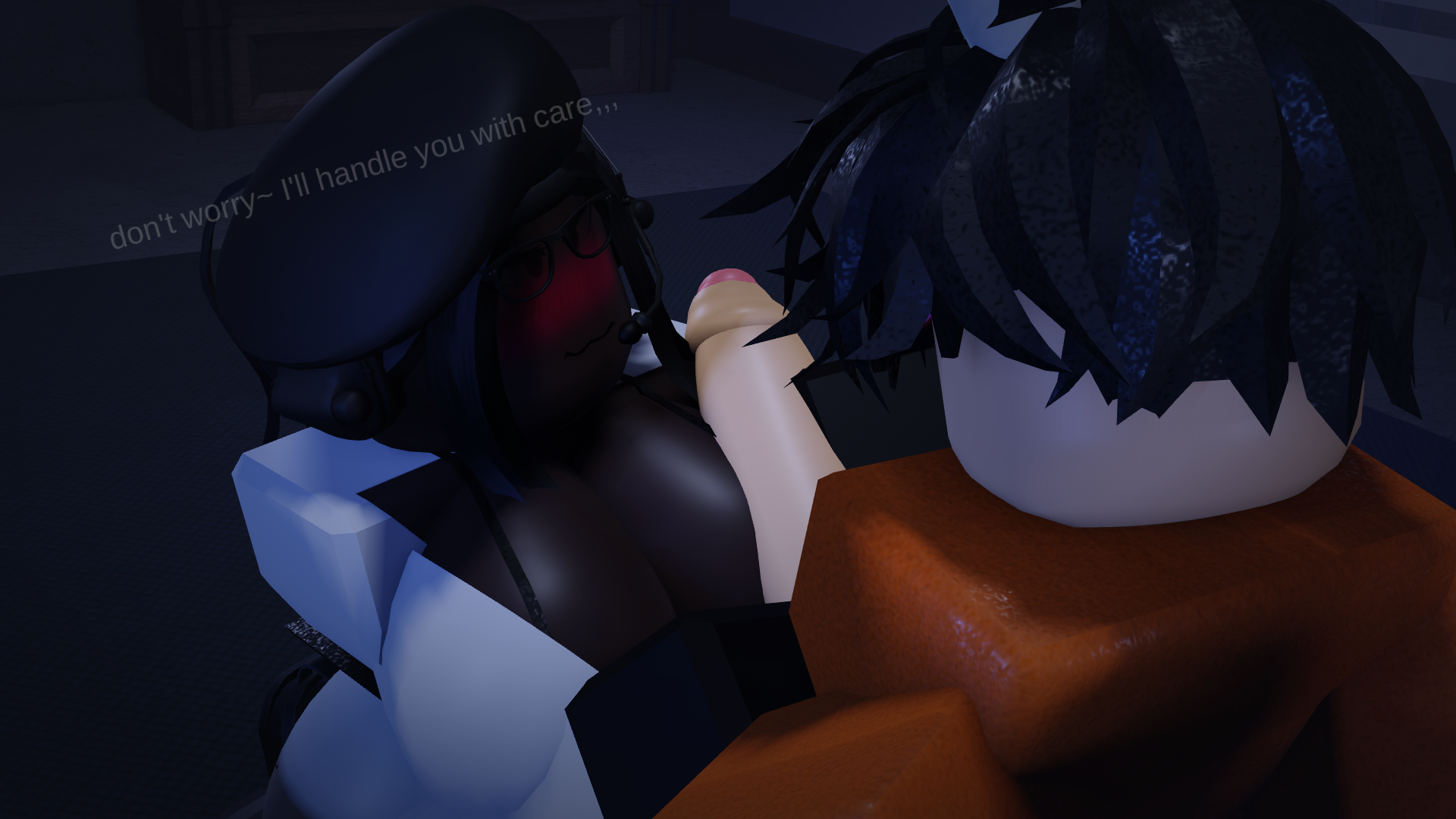 1boy, 1girls, 3d, big breasts, big penis, blush, breasts, cleavage, clothing, comet (cometrr34), cometrr34, d-class, dark-skinned female, dialogue, english text, everytoo, hung trap, light-skinned male, penis, prisoner, roblox, roblox avatar, robloxian, scp foundation, self upload, tagme, text