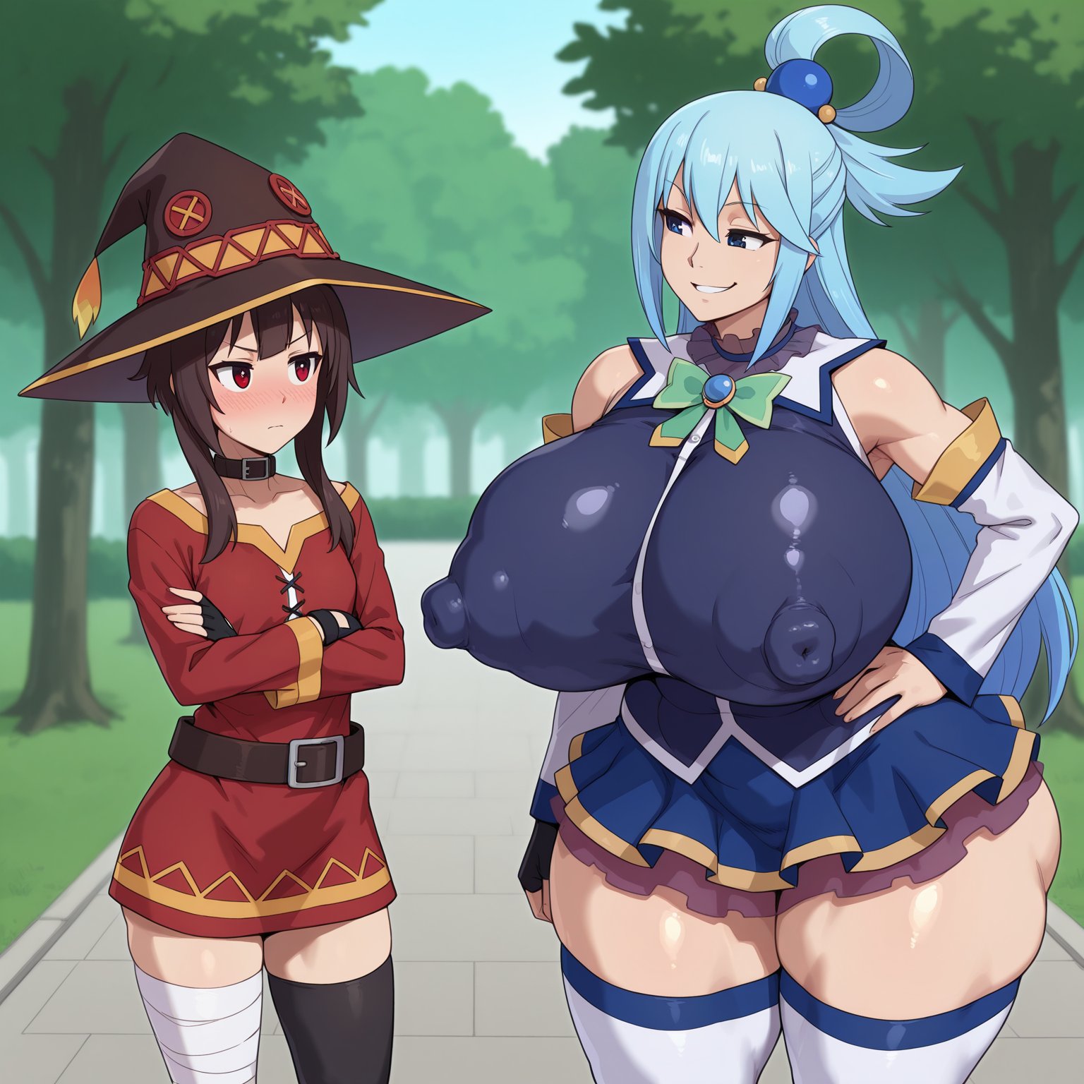 :p, 1futa, 2girls, ai, ai generated, aqua (konosuba), aqua hair, bare shoulders, big ass, big balls, big breasts, big penis, black hair, blue eyes, blue hair, blue shirt, blue skirt, blush, blushing, bow, breasts, cock shock, day, detached sleeves, erect nipples, flat chest, futanari, green bow, hair bobbles, hair ornament, hair rings, hands on breasts, hands up, huge ass, huge balls, huge breasts, huge cock, huge penis, kono subarashii sekai ni shukufuku wo!, konosuba, long hair, megumin, open mouth, outdoors, park, patreon, patreon exclusive, patreon username, penis, penis out, red eyes, reenka25, shirt, shocked, short hair, short hair with long locks, single hair ring, skirt, small breasts, thick, thick ass, thick thighs, thighhighs, very long hair, white thighhighs, wide eyed