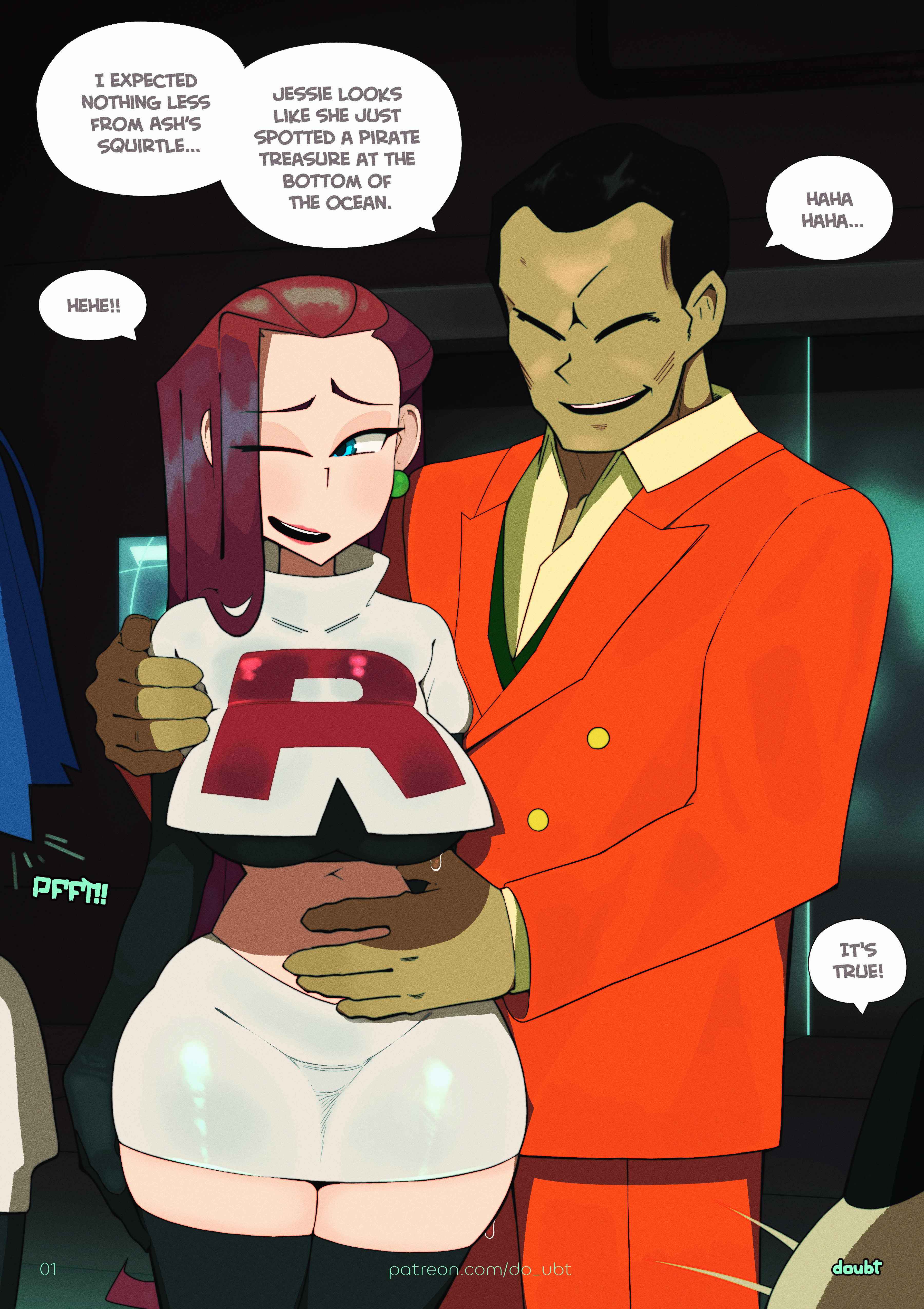 1girl, 2boys, ashamed, big pussy, black, blue eyes, comic, dark background, doubt (thedo ubt), earrings, ecchi, english text, facial, female, formal, giovanni (pokemon), gloves, grabbing from behind, hair, holding, huge breasts, james (pokemon), jessie (pokemon), large breasts, legwear, long hair, looking at viewer, meowth, milf, navel, night, page 1, pokemon, red hair, red lipstick, skindentation, skirt, smile, speech bubble, standing, straight, suit, sweat, sweating, team rocket, team rocket uniform, thick thighs, thighhighs, thighs, wink