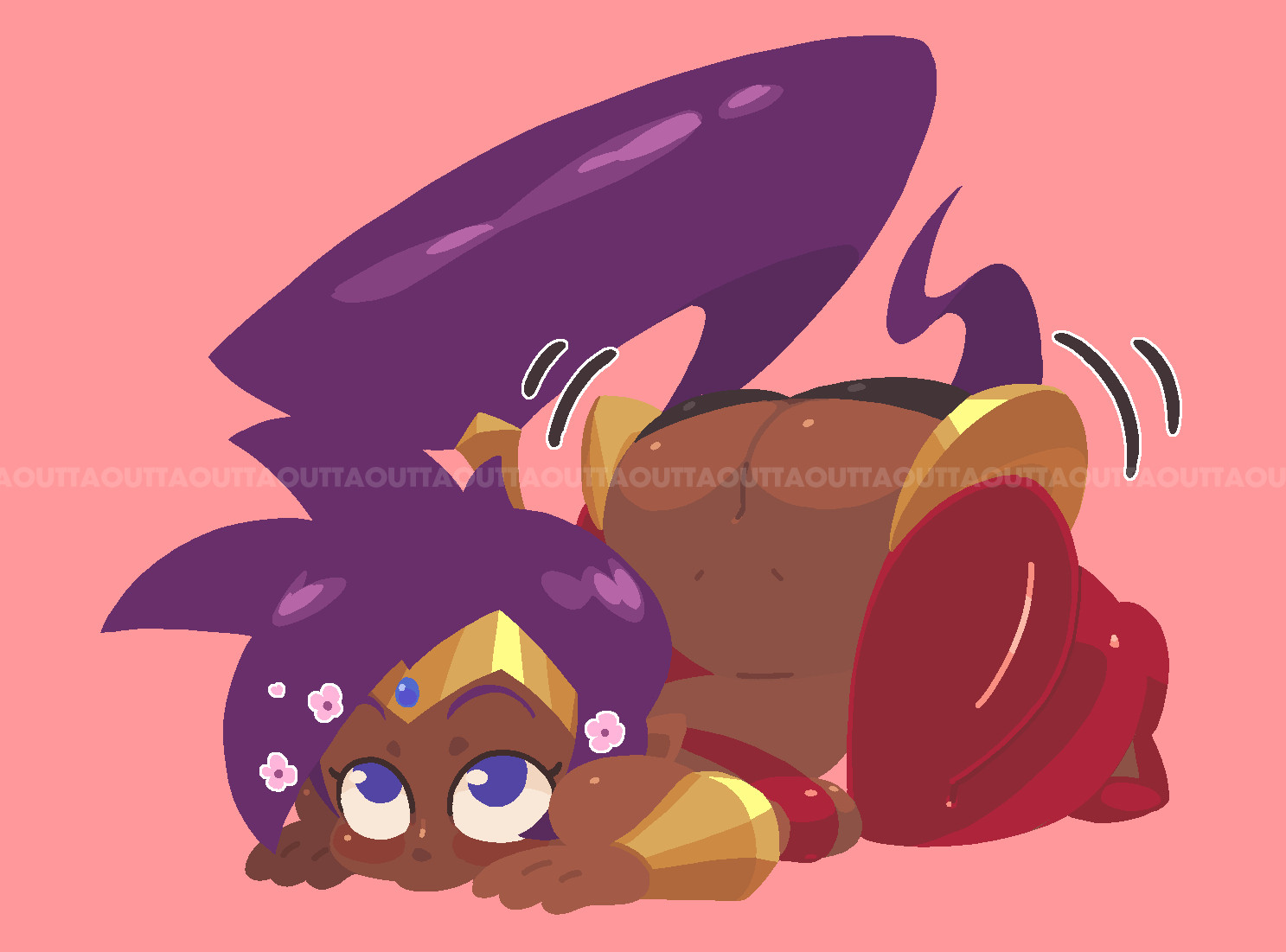 1girls, 2026, 2d, ass, ass crack, ass up, brown body, brown skin, brown skinned female, bubble butt, butt crack, clothed, dark-skinned female, female, female focus, female only, outtaoutta, pink background, purple eyes, purple hair, shantae, shantae (character), wayforward