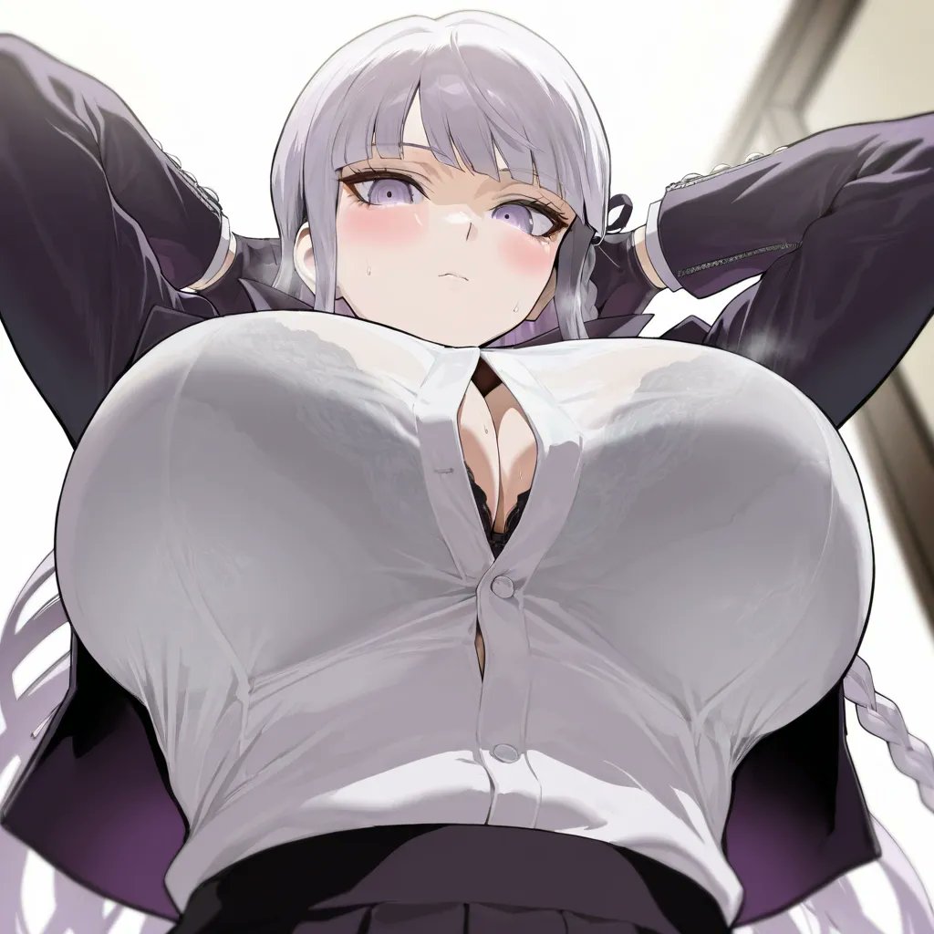 1girls, ai generated, big breasts, bra, braid, breasts, danganronpa, danganronpa: trigger happy havoc, female, female only, from below, gloves, hands behind head, huge breasts, jacket, kirigiri kyouko, kyoko chan3, large breasts, long hair, looking at viewer, purple eyes, purple hair, school uniform, see-through, see-through clothing, solo, white shirt