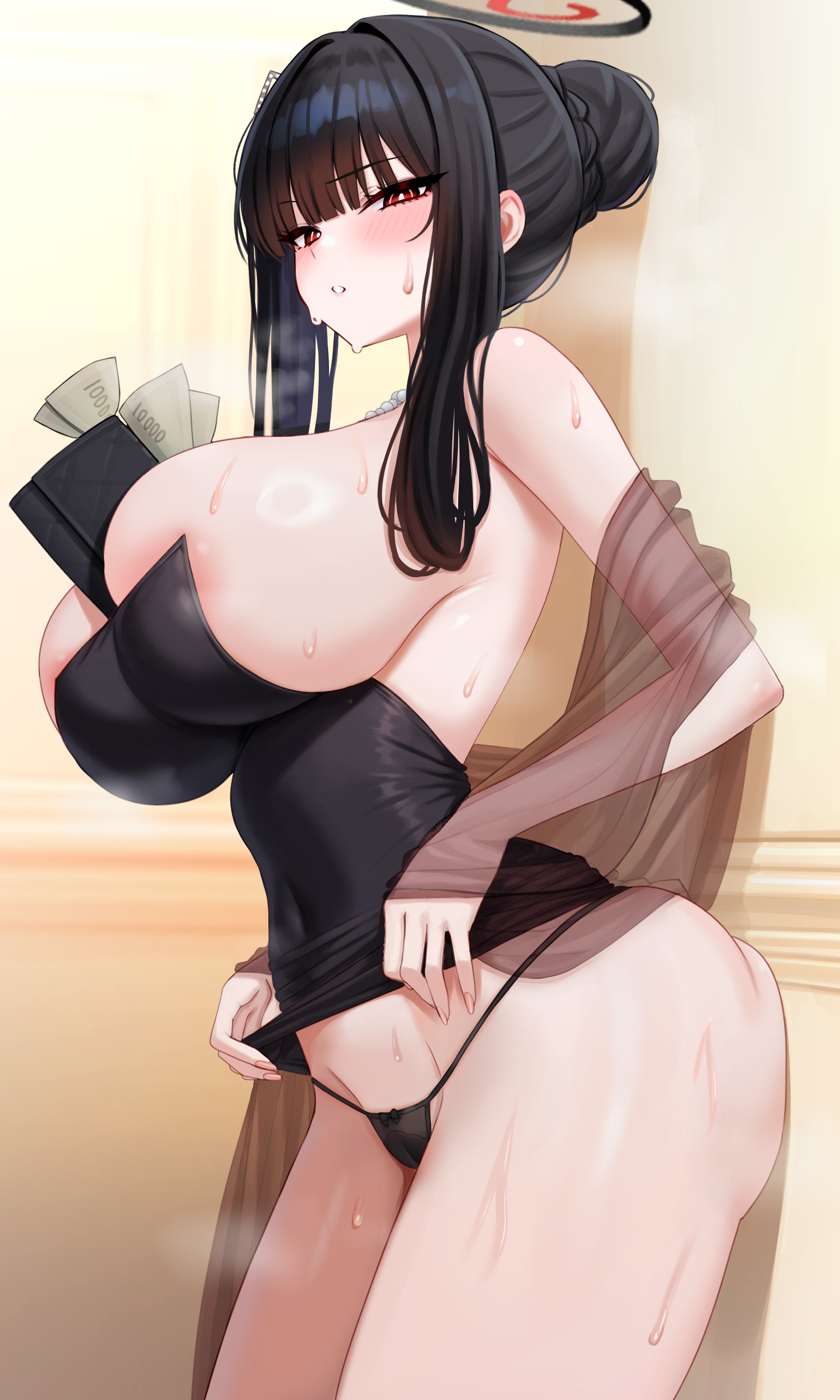 absurdres, alternate costume, areola slip, bag, banknote, black hair, black leotard, black panties, blue archive, blush, braid, breasts, bright pupils, bun with braided base, clutch purse, commentary request, covered navel, female, hair behind ear, hair bun, hair ornament, hairclip, halo, handbag, highres, implied prostitution, leotard, long hair, millennium science school logo, mizikayo, money, object on breast, panties, red eyes, rio (blue archive), rio (dress) (blue archive), single hair bun, solo, standing, sweat, thighs, underwear, very long hair, white pupils