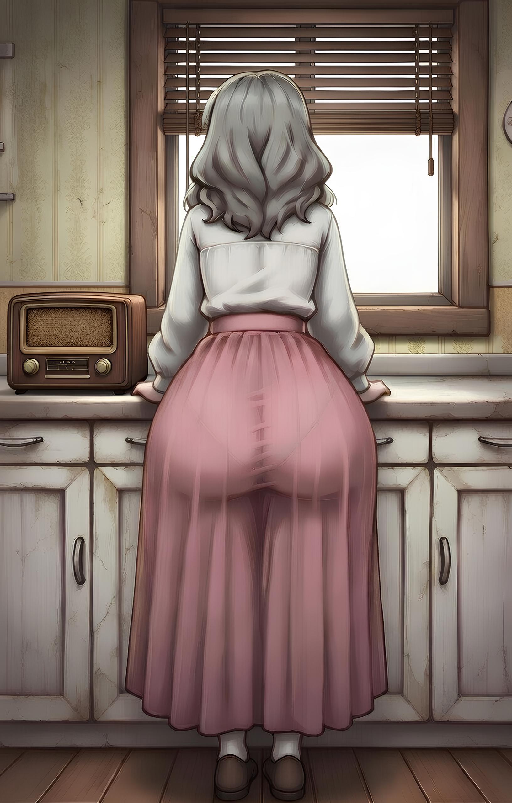 1boy, ai generated, ass focus, big ass, big ass (male), bottom heavy, fear and hunger, fear and hunger: termina, grey hair, male, male only, marina (fear and hunger), mrnails, pantylines, pink skirt, radio, scene reference, see-through, see-through clothing, skirt, socks, trap, white shirt
