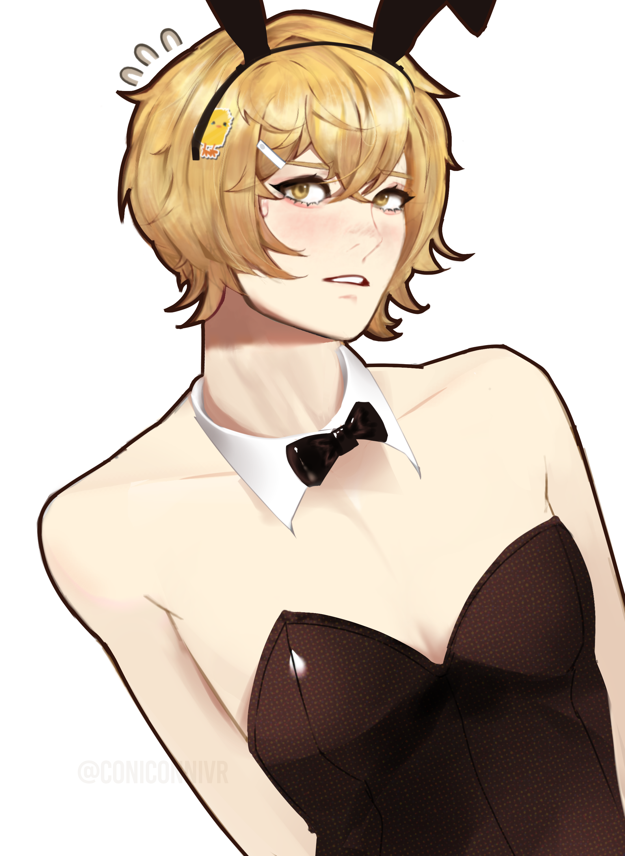 1boy, blonde hair, bowtie, collar, femboy, limbus company, male, project moon, sinclair (limbus company), solo
