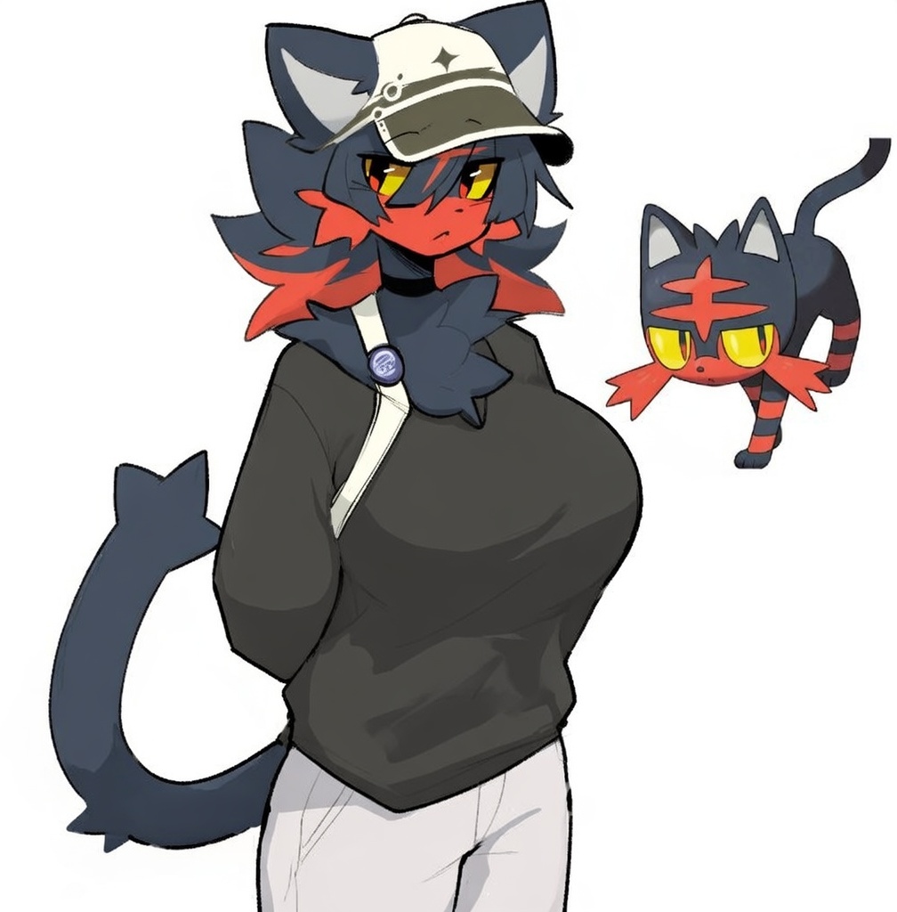 ai edit, ai generated, breasts, busty, female, grok, grok edit, litten, pokemon, pokemon sm, shiyaa stuff, solo female