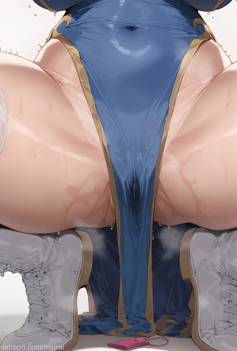 ai generated, blue dress, boots, china dress, chun-li, cmiurai, covered navel, cross-laced footwear, female, large breasts, miurai nsfw, pelvic curtain, pussy juice, sex toy, simple background, solo, spread legs, squatting, steaming body, street fighter, sweat, thighhighs, vibrator, vibrator under clothes, wet, white background, white footwear, white thighhighs