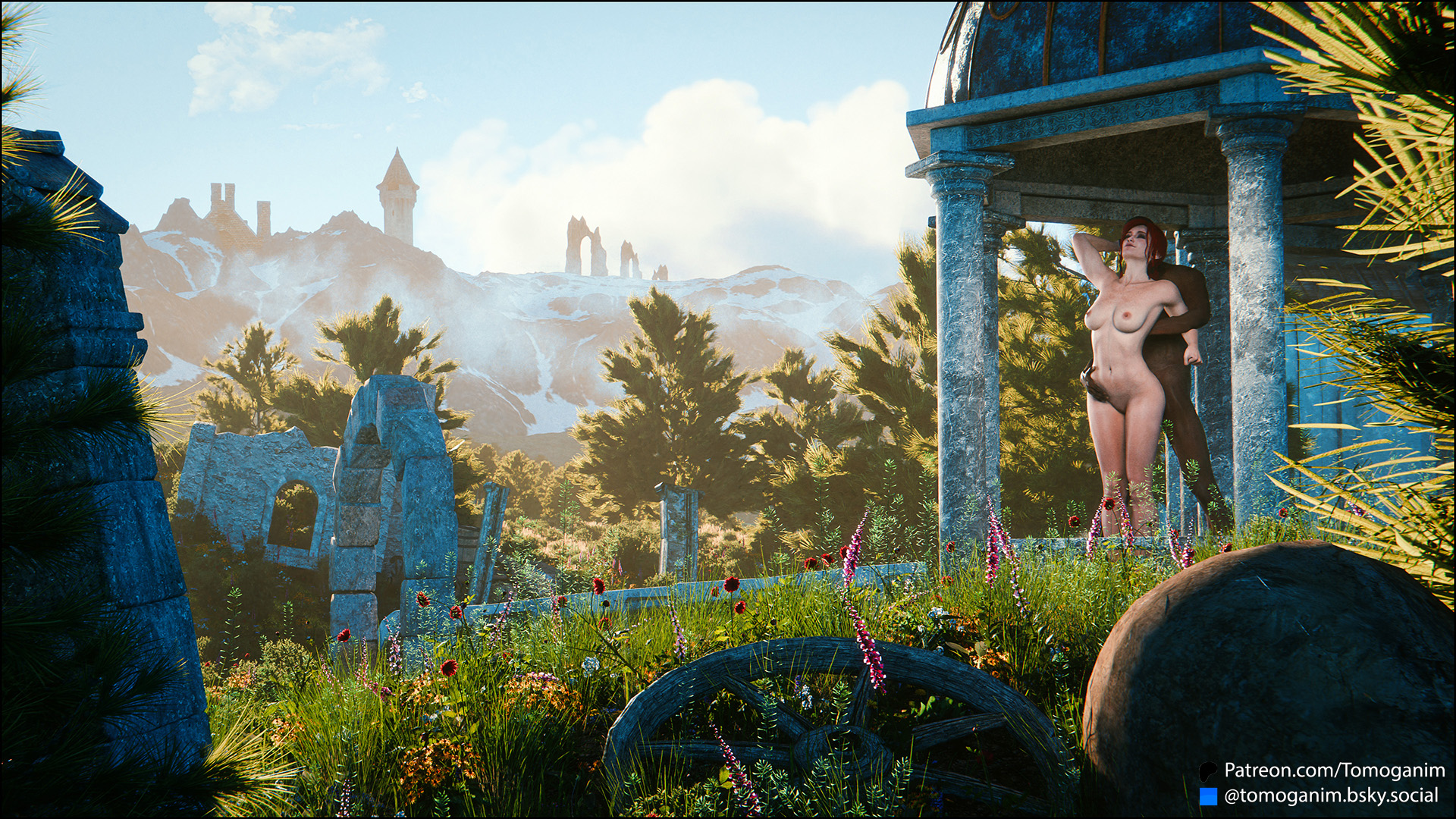 1boy, 1girls, 3d, ambiguous penetration, areolae, breasts, cd projekt red, dark skin, dark-skinned male, interracial, kissing, kissing neck, light skin, light-skinned female, looking pleasured, nipples, outdoors, red hair, sex, sex from behind, standing, standing sex, the witcher (series), the witcher 3: wild hunt, tomoganim, triss merigold