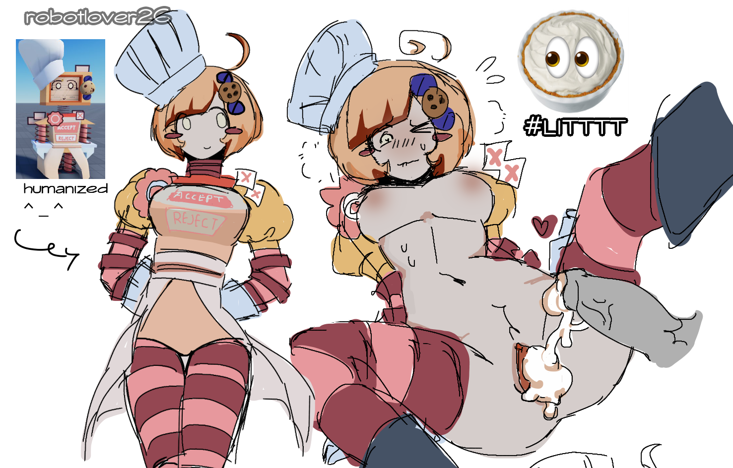 1girls, artist name, badware (die of death), breasts, cookieware (die of death), cum in pussy, die of death (roblox), doodle, half-dressed, hands behind back, humanization, humanized, legs spread, messy linework, overflowing cum, penis, pussy, reference image, roblox, roblox game, robotlover26, self upload, tagme, thigh highs, thighs