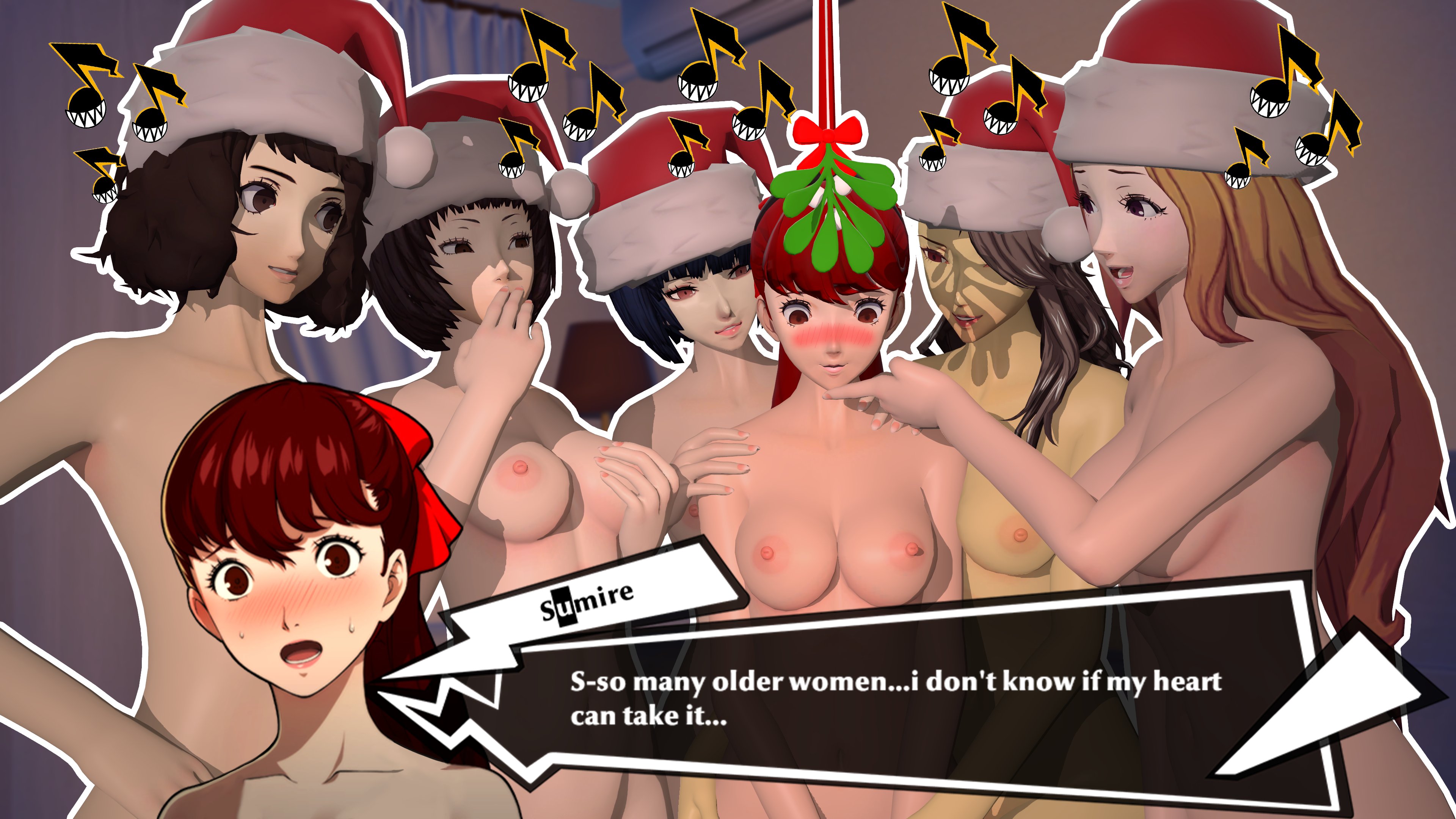3d, 6girls, chihaya mifune, christmas, kasumi yoshizawa, kawakami sadayo, mifune chihaya, nobodyrly (artist), nude, ohya ichiko, persona, persona 5, posing, sadayo kawakami, sae niijima, sfm, sumire yoshizawa, tae takemi, tagme, yuri