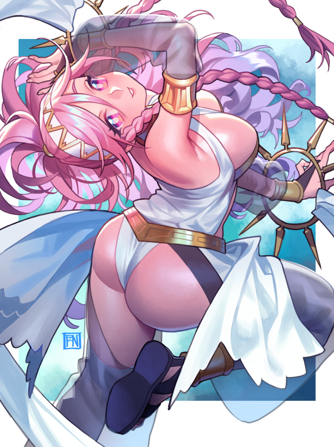 artist signature, ass, ass focus, bending backwards, dancer, dancer outfit, fire emblem, fire emblem awakening, gold jewelry, headband, large breasts, long hair, olivia (fire emblem), pink eyes, pink hair, poch4n, ponytail