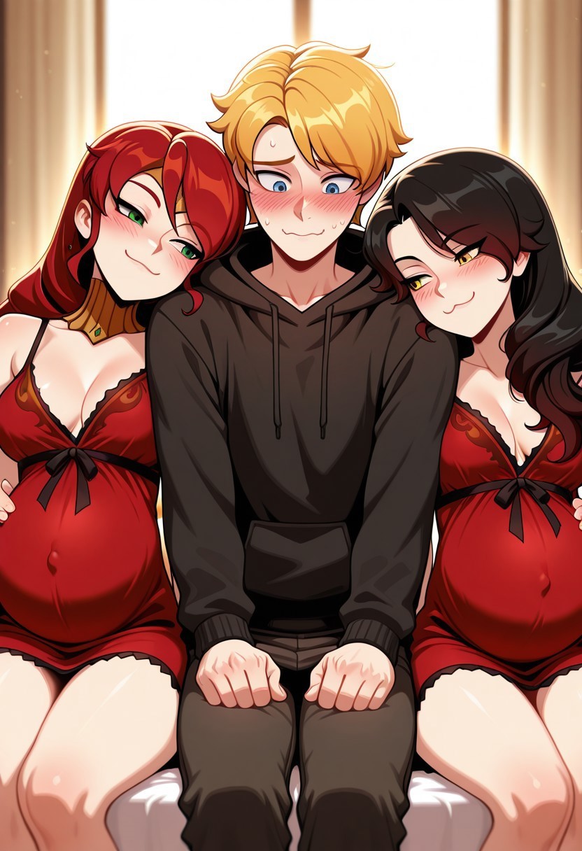 :3, 1boy, 2girls, ai generated, black hair, blonde hair, blue eyes, blush, cinder fall, circlet, gorget, green eyes, jaune arc, long hair, negligee, pregnant, pyrrha nikos, red hair, rwby, shiny hair, shiny skin, smug, smug expression, smug face, smug smile, tagme, yellow eyes
