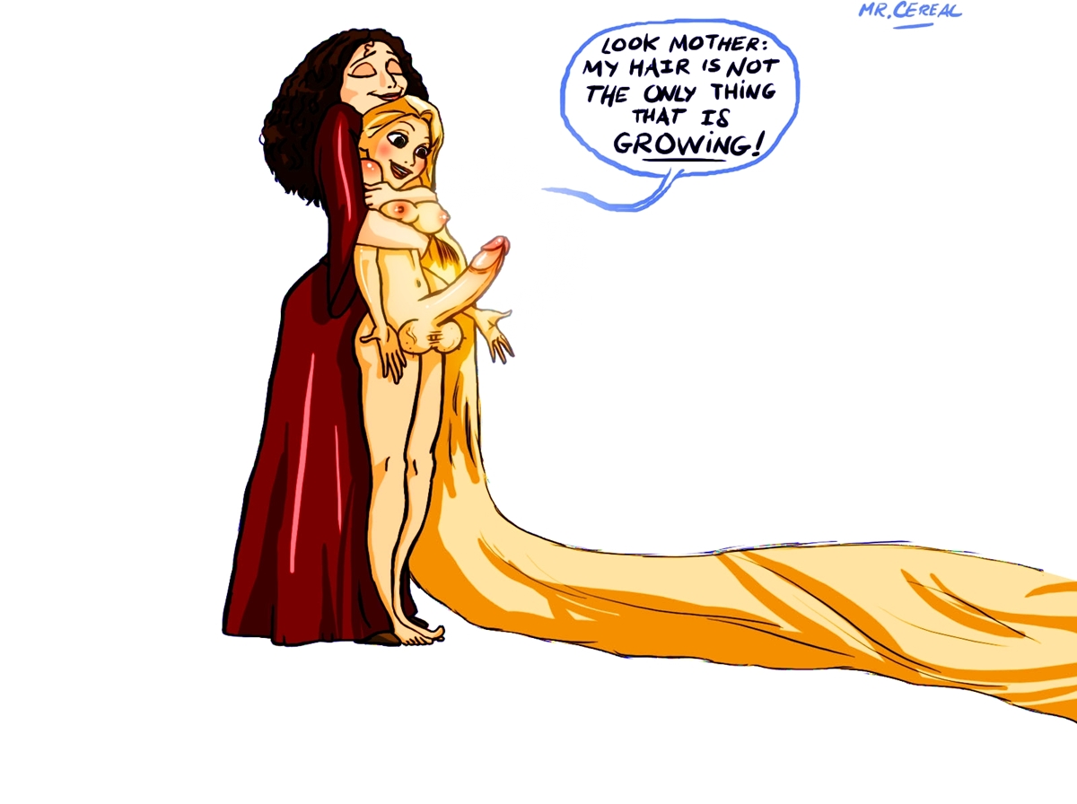 1futa, 1girls, areolae, balls, blonde hair, blue eyes, blush, body blush, breasts, closed eyes, clothing, curvy, daughter, disney, disney princess, dress, erect nipples, erection, female, futa with female, futanari, hug, huge balls, hugging, hyper, hyper penis, intersex, long hair, medium breasts, milf, mother, mother and daughter, mother gothel, mrcereal, nipples, nude, penis, rapunzel (tangled), smile, tangled, testicles, text