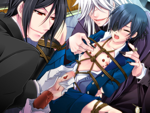 3boys anal_insertion bondage ciel_phantomhive eye_patch frogtie gay gloves handjob human kuroshitsuji male male_only malesub nipple_tweak nippleplay petals red_eyes ring sebastian_michaelis shibari tagme threesome undertaker_(kuroshitsuji) undressing white_gloves yaoi